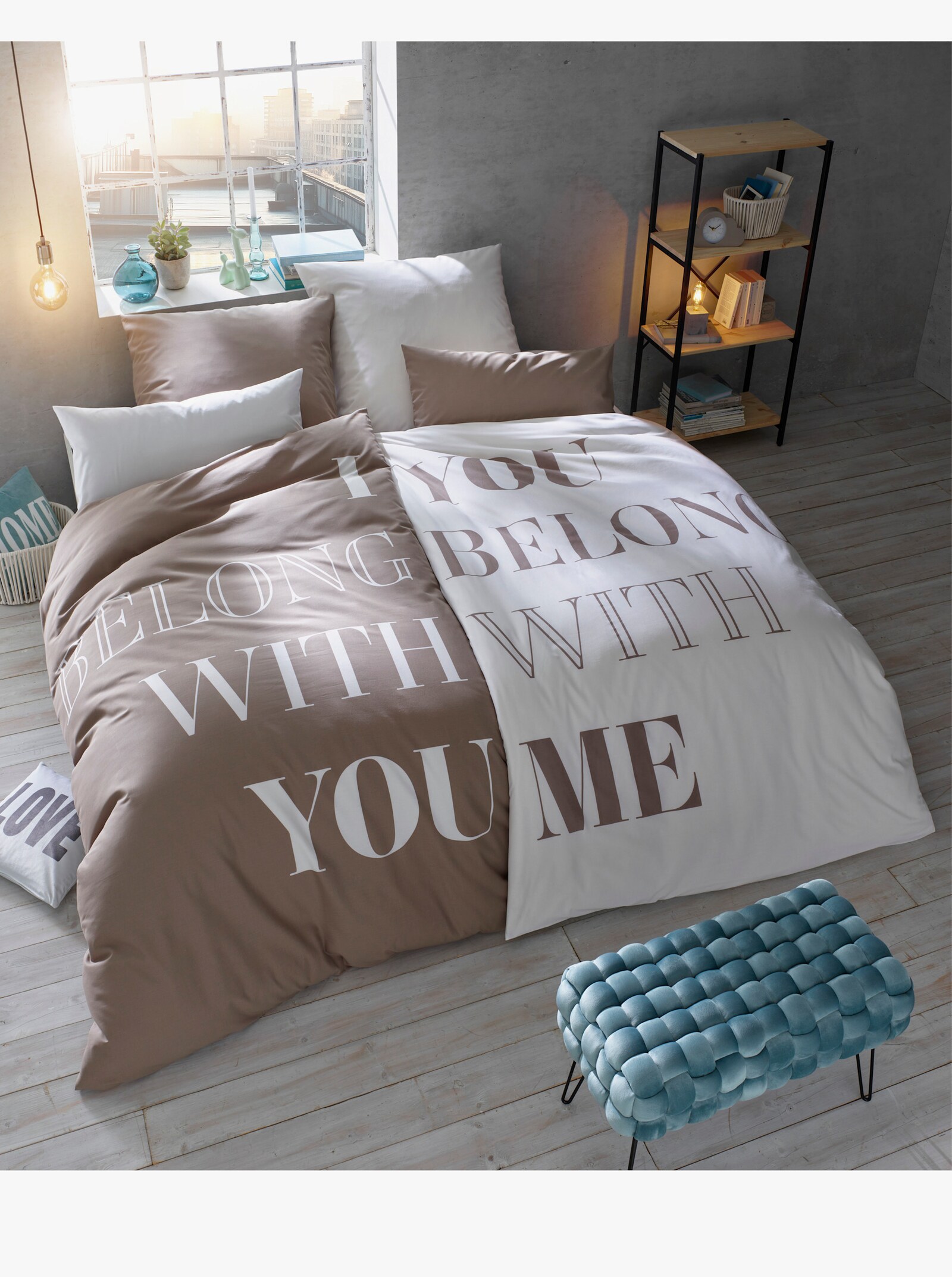 Impressionen Beddengoed met opschrift - taupe/wit geprint