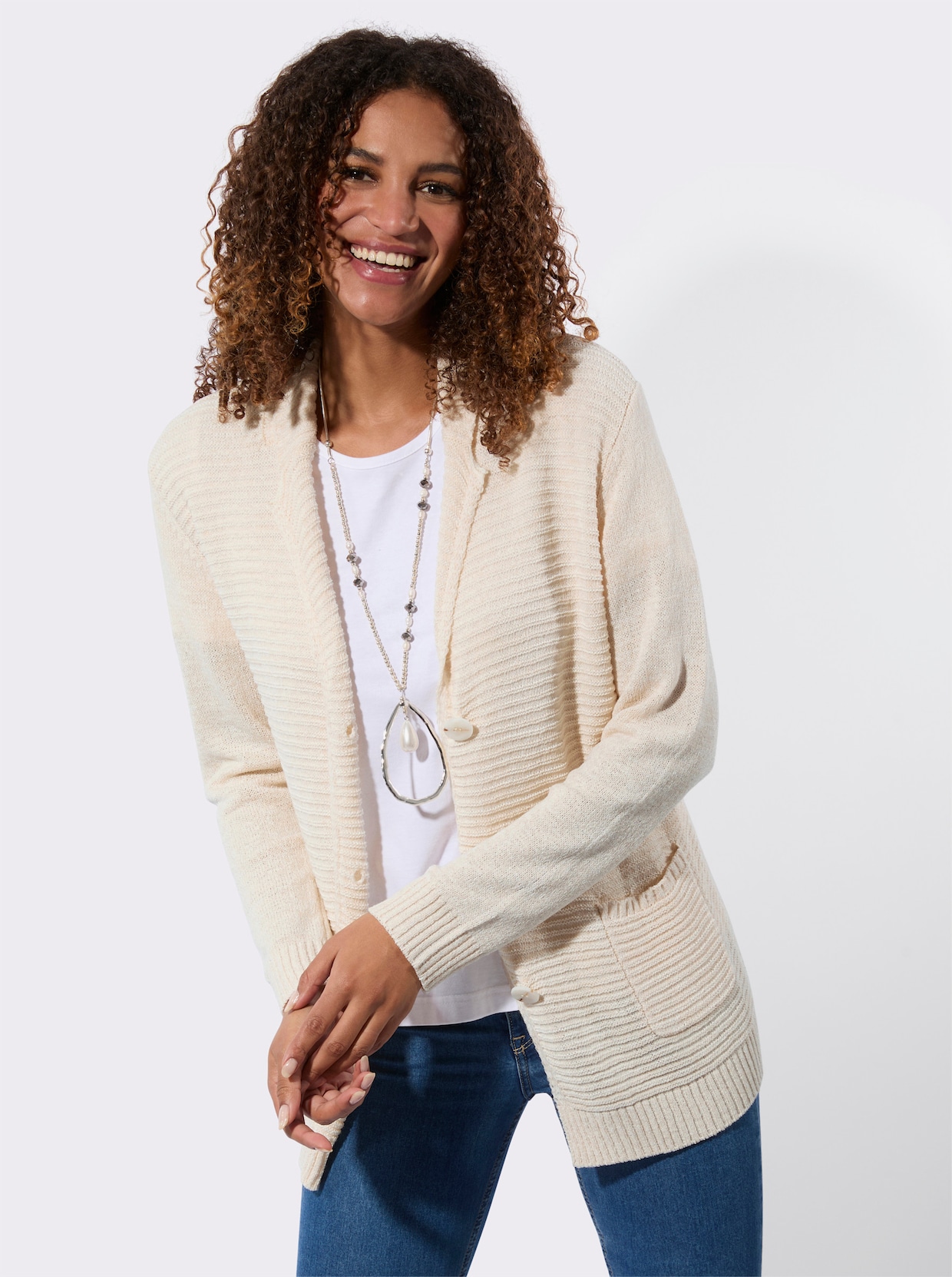 Strickjacke mit Reverskragen - champagner-elfenbein