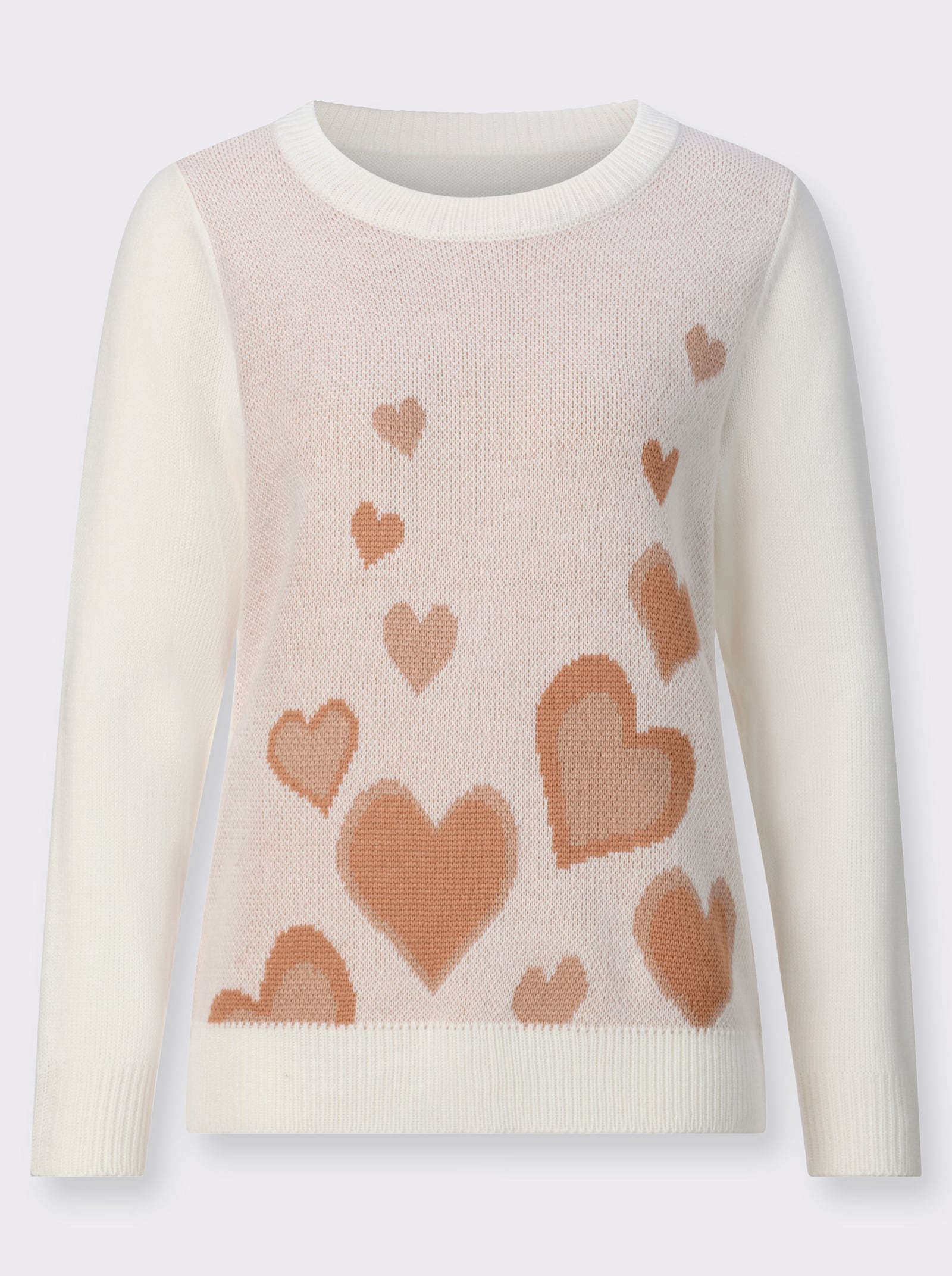 Langarm-Pullover mit Jacquard-Herzen - ecru-camel