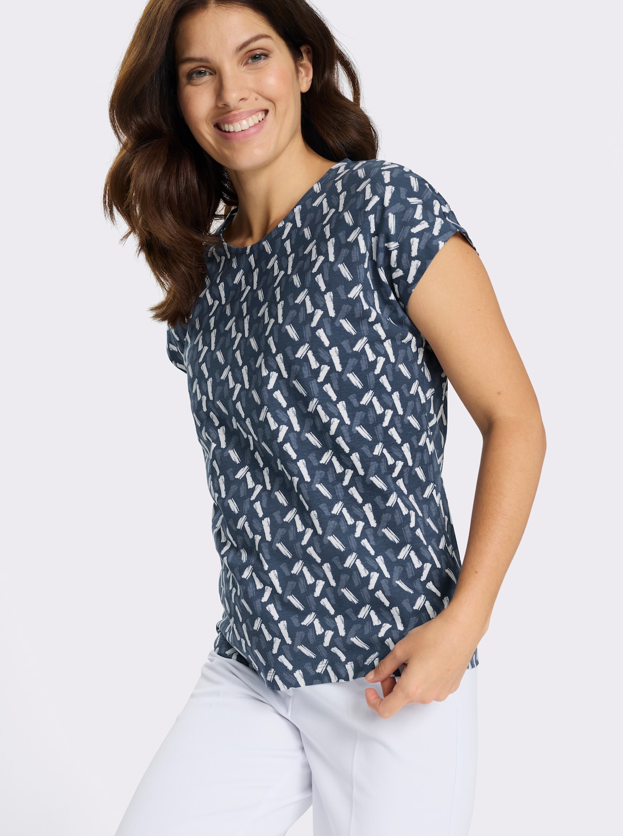 Kurzarmshirt im farbharmonischen Druckmuster - dunkelblau-ecru-bedruckt