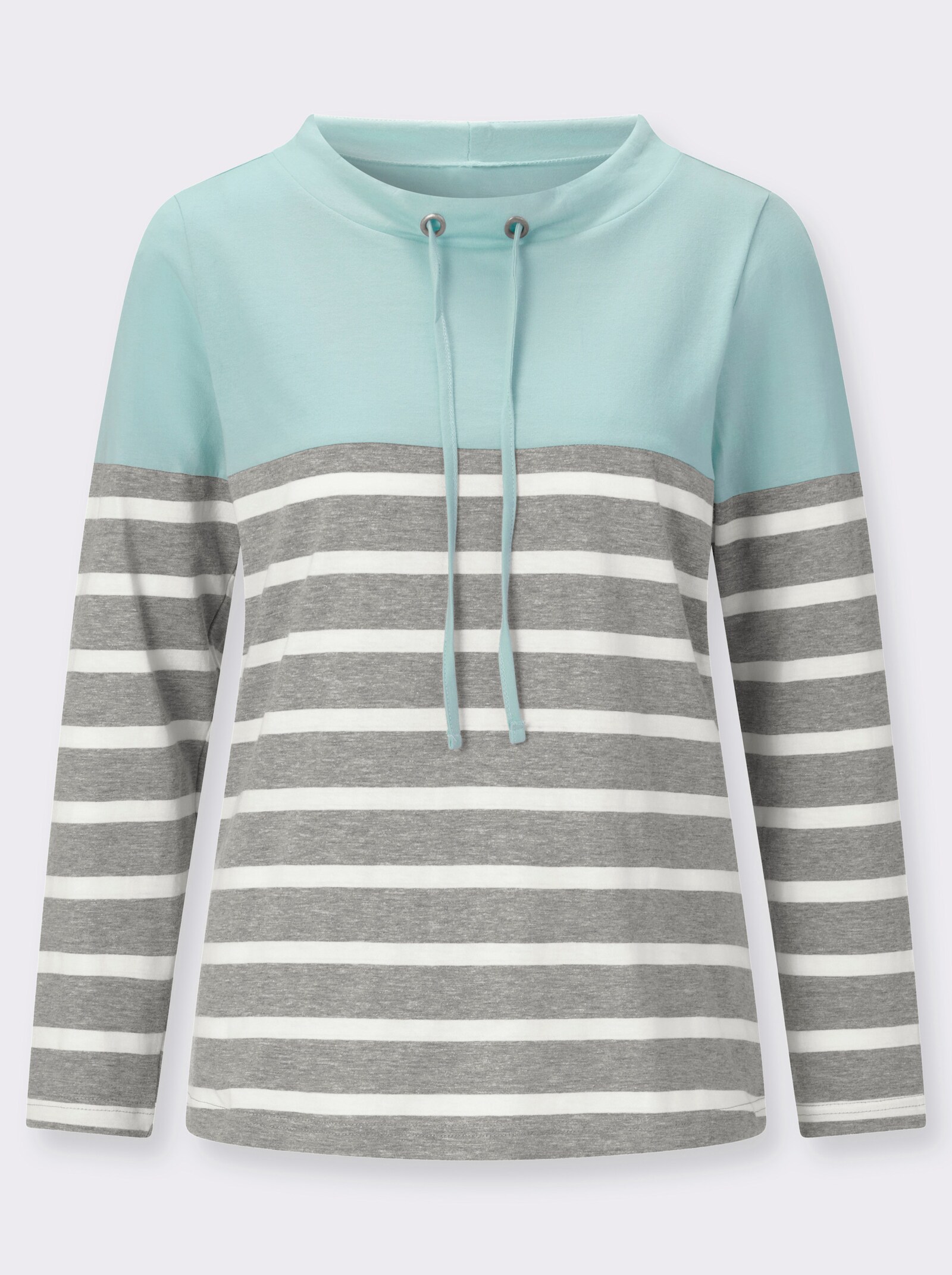Stehkragenshirt mit Colour-Blocking - mint-grau-geringelt