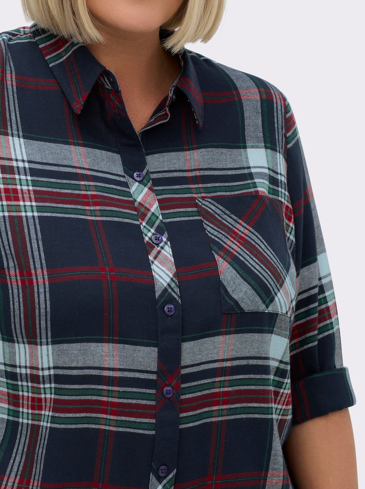 Flanellbluse mit Krempelärmeln - marine-kirsche-kariert