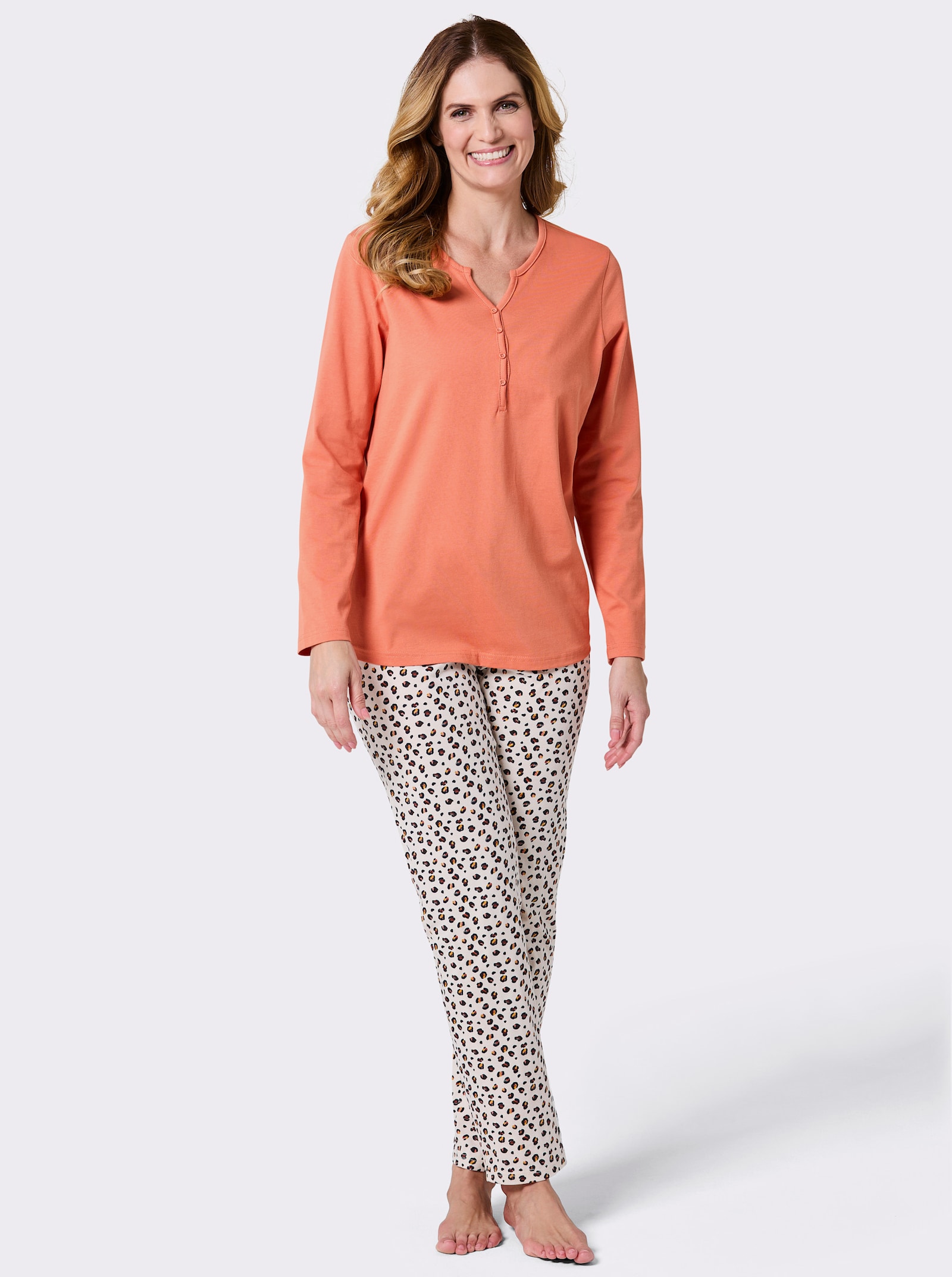 wäschepur Schlafanzüge aus reiner Baumwolle - marine-papaya-bedruckt + papaya-elfenbein-bedruckt