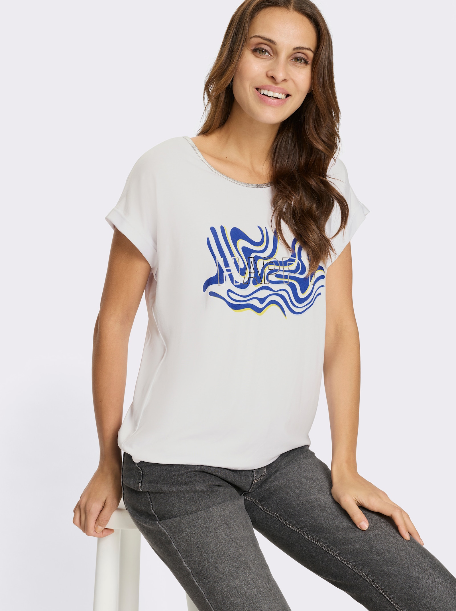 Kurzarmshirt mit fixiertem Ärmel-Aufschlag - weiß-royalblau-bedruckt