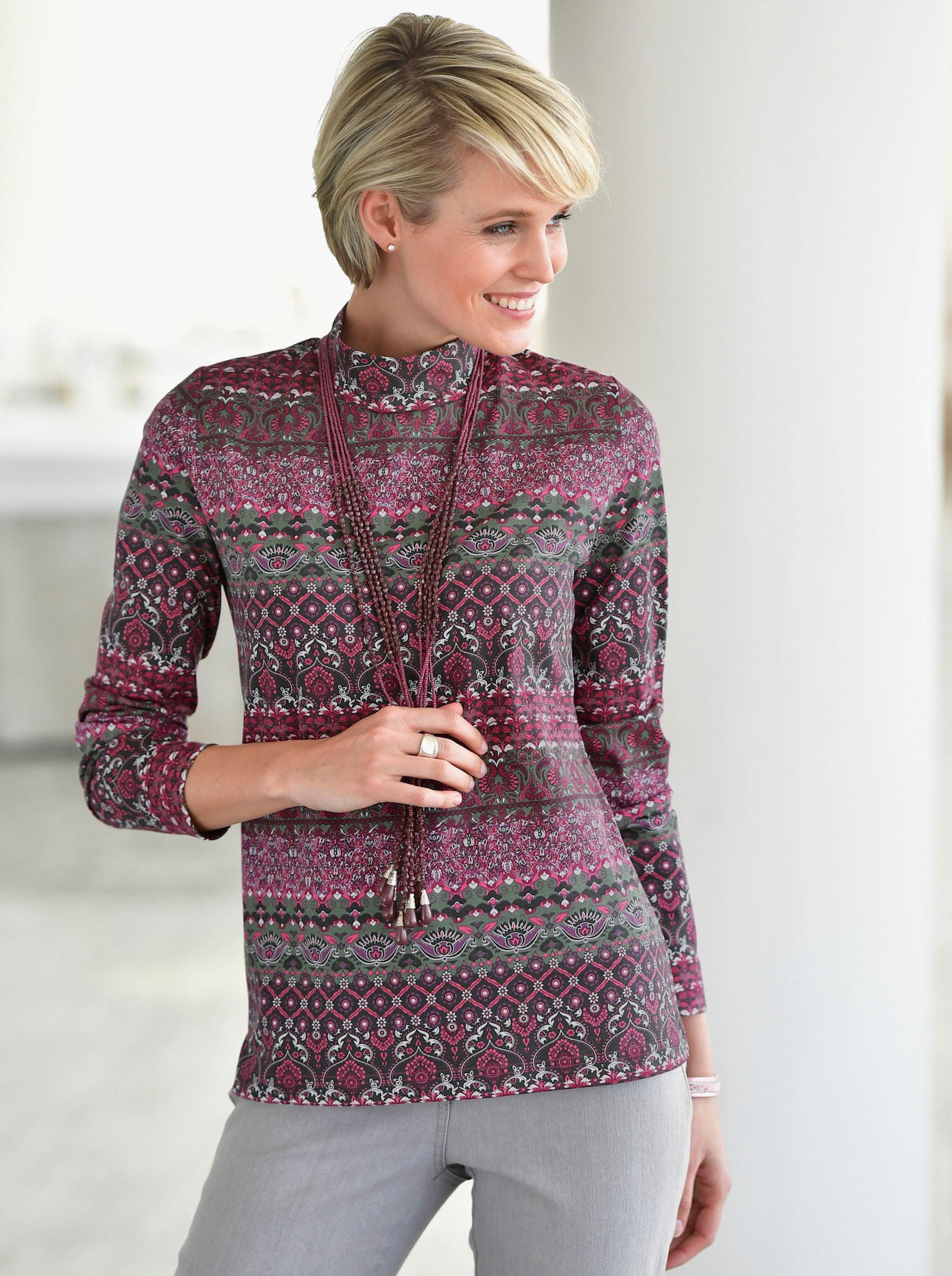 Langarmshirt mit Stehkragen - schilf-altrosé-bedruckt