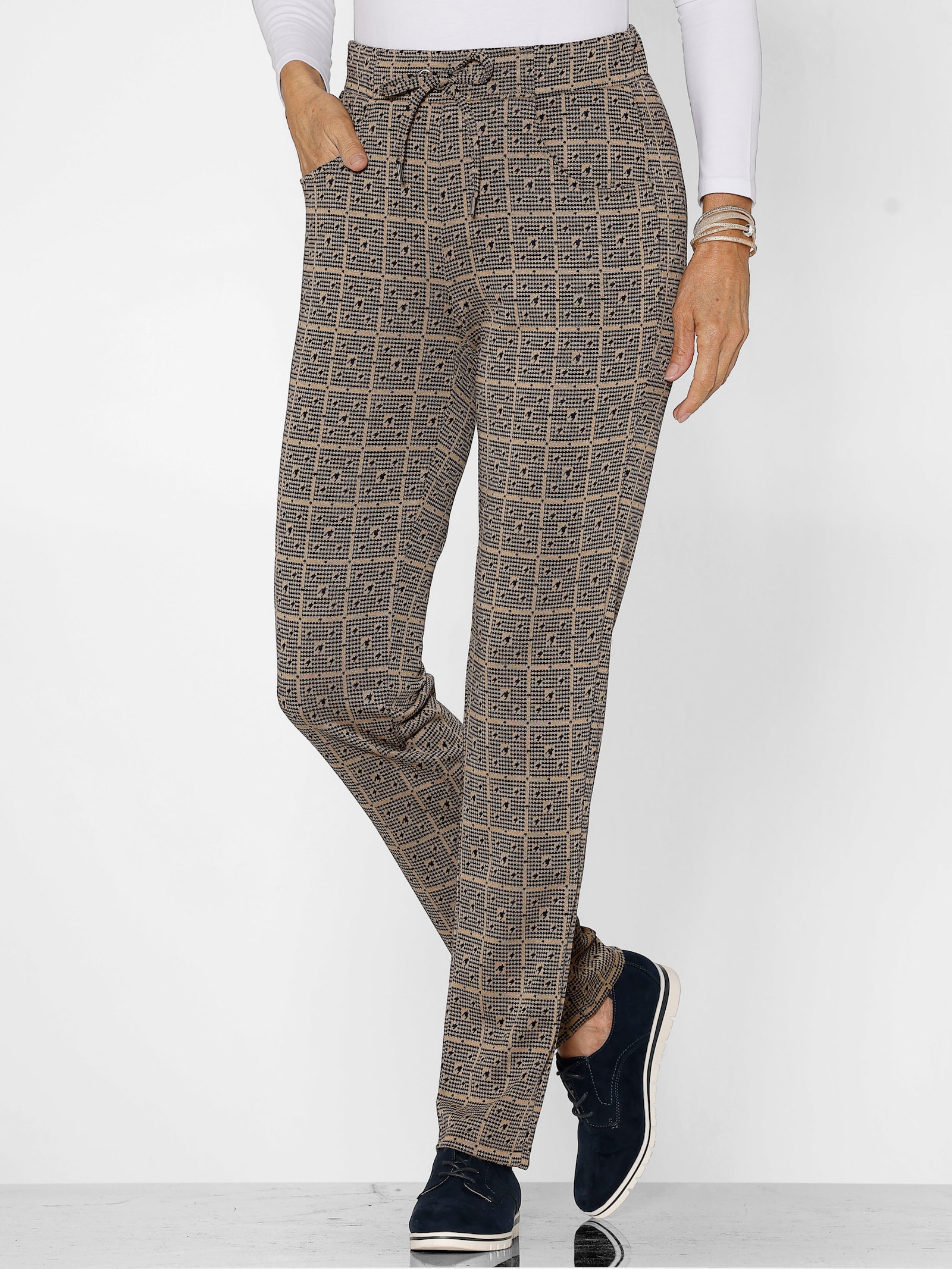 Jerseyhose im Hahnentritt, Jacquard - marine-camel-gemustert