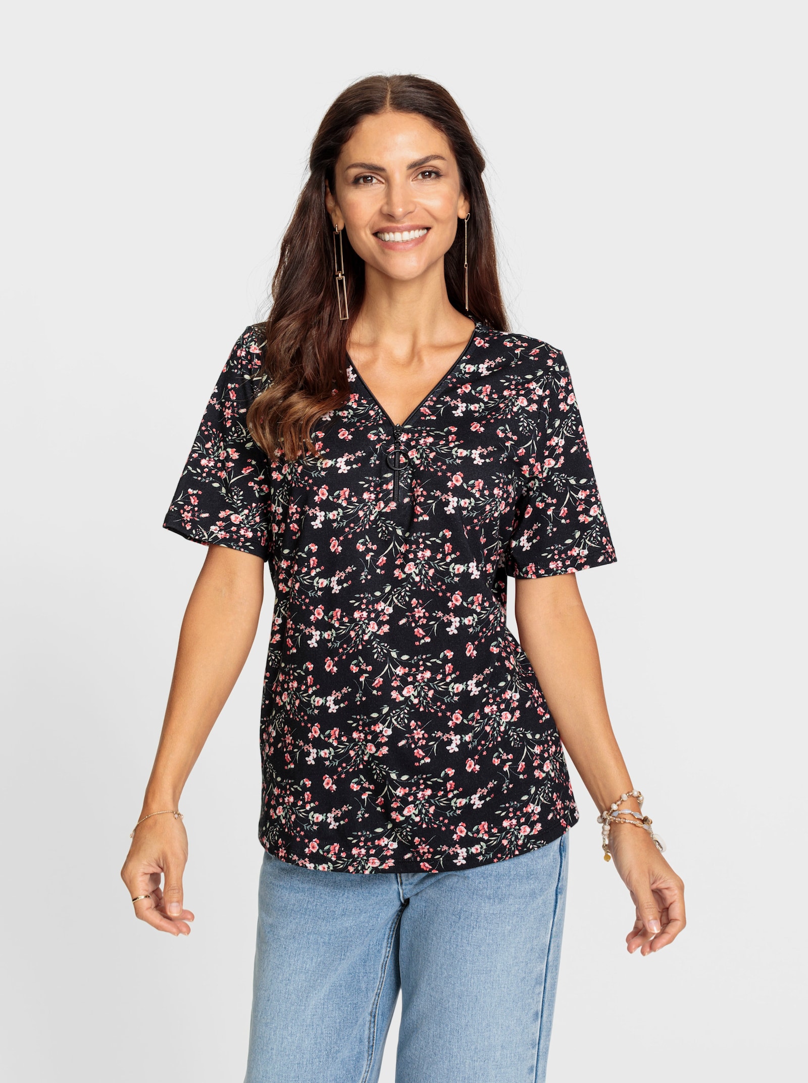 Kurzarmshirt mit Reißverschluss am Ausschnitt - schwarz-hellrosé-gemustert