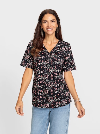 Kurzarmshirt mit Reißverschluss am Ausschnitt - schwarz-hellrosé-gemustert