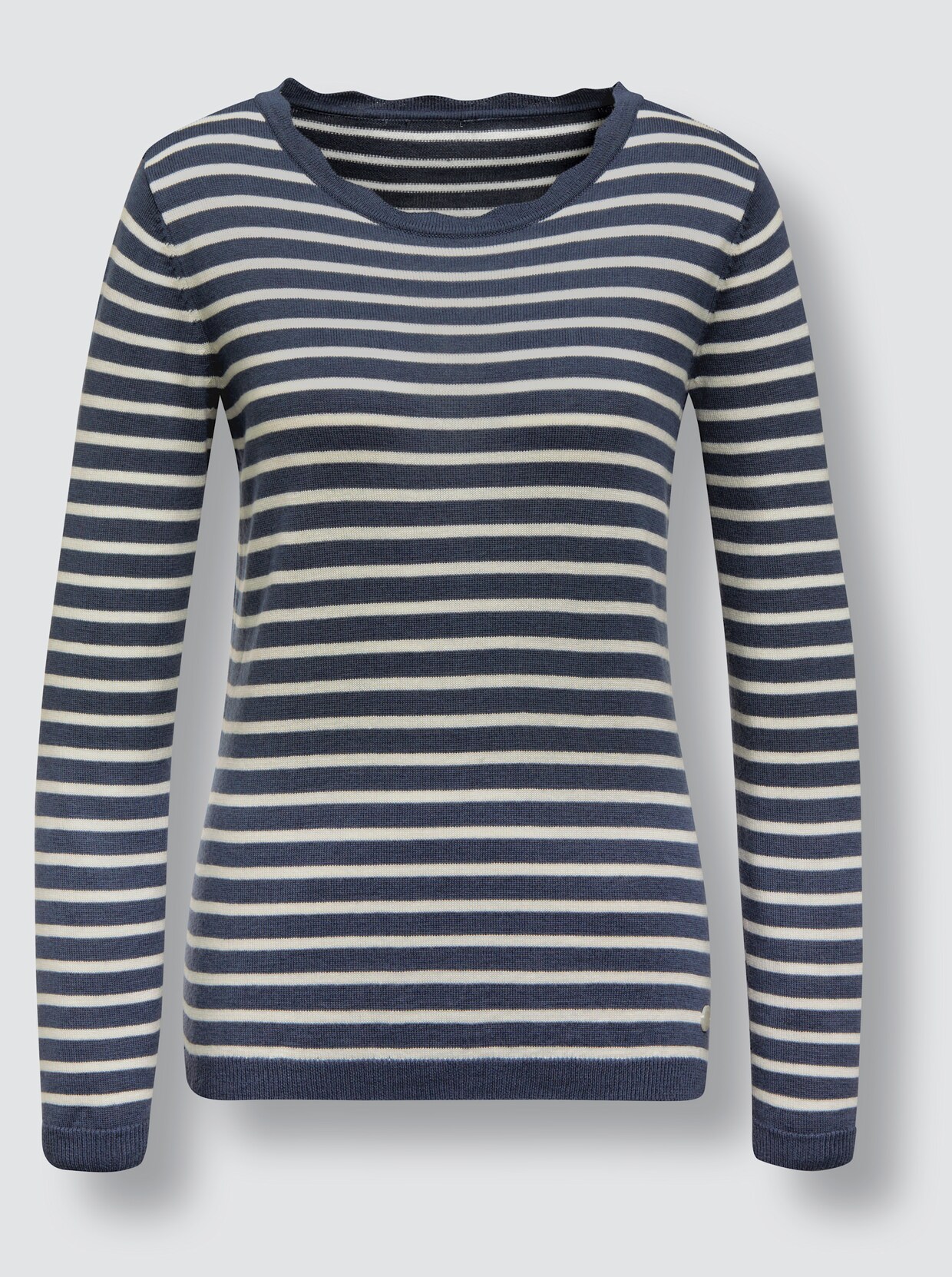 CREATION L PREMIUM Viskose-Merino-Pullover - rauchblau-ecru-geringelt