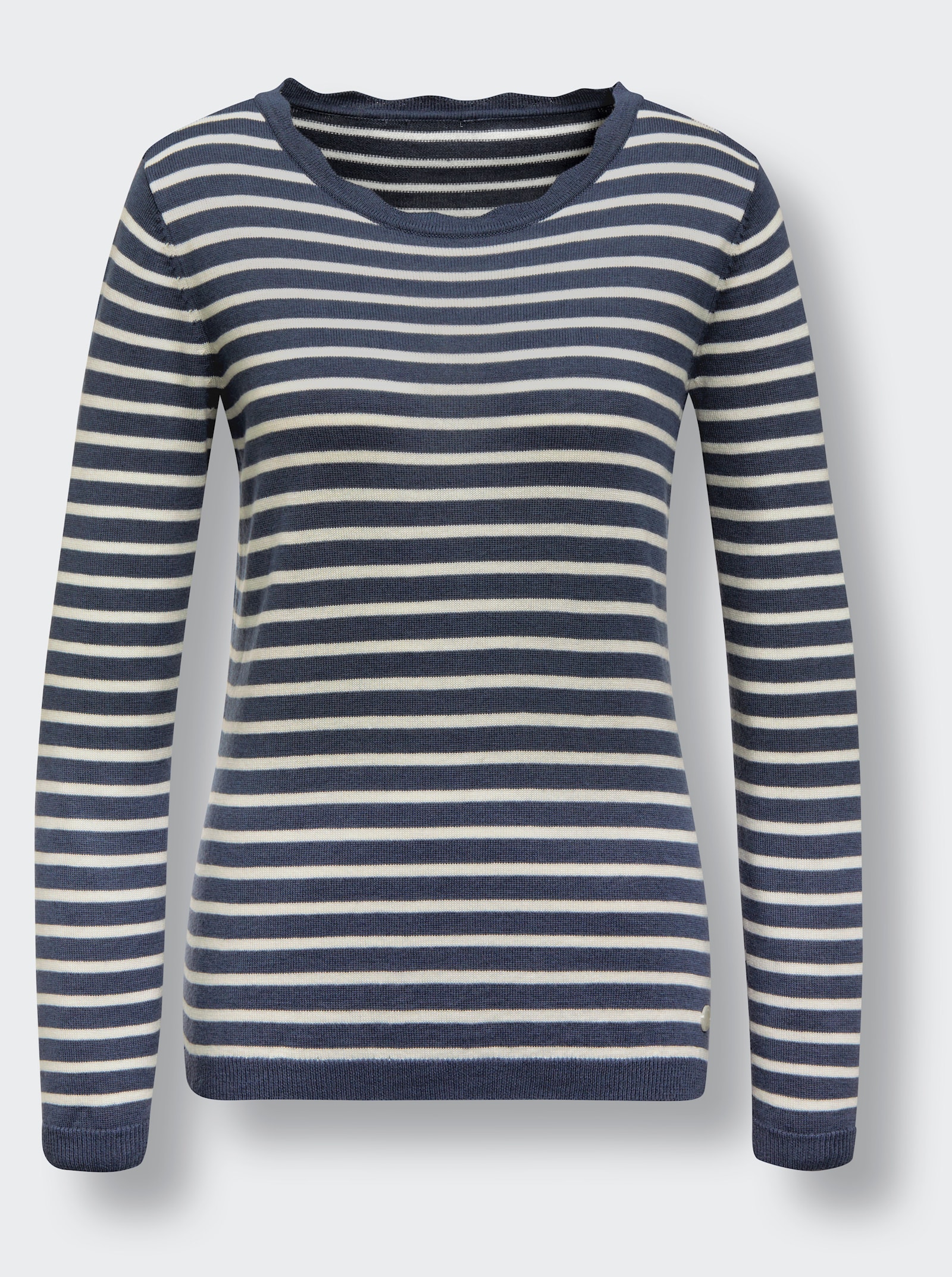 CREATION L PREMIUM Rundhalspullover im Ringel-Dessin - rauchblau-ecru-geringelt