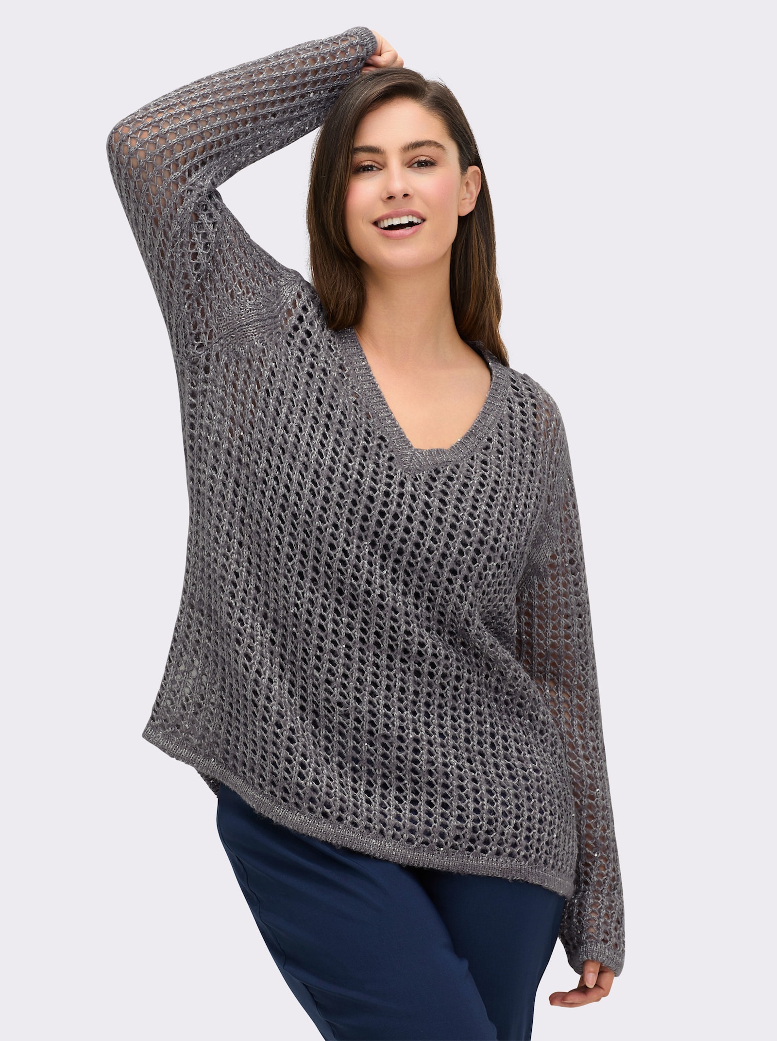 sheego Pullover mit Ajourmuster - anthrazit