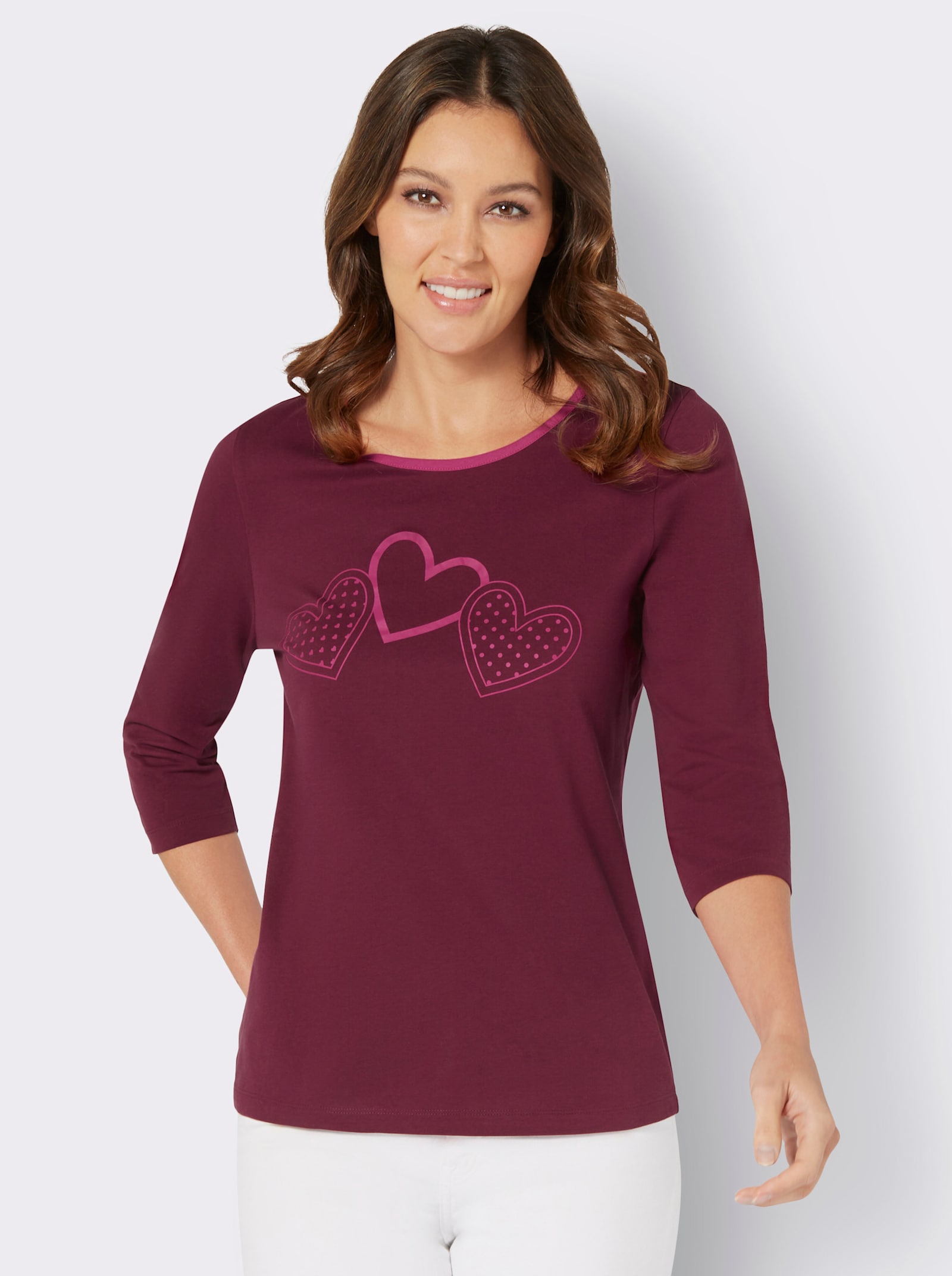 Shirt met 3/4-mouwen en hartmotief - bordeaux/fuchsia