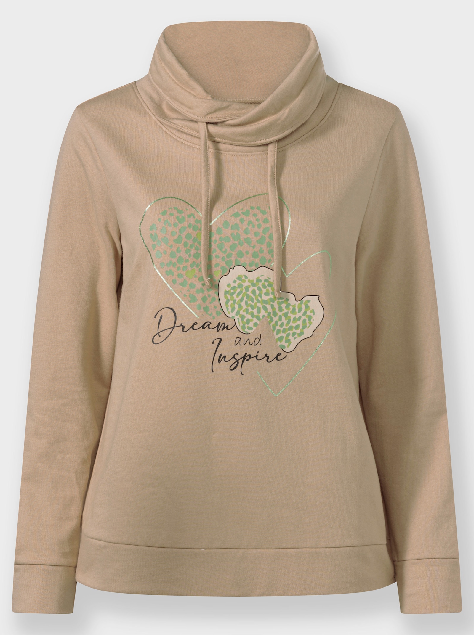 Sweatshirt mit überlappendem Rollkragen - beige-eucalyptus-bedruckt