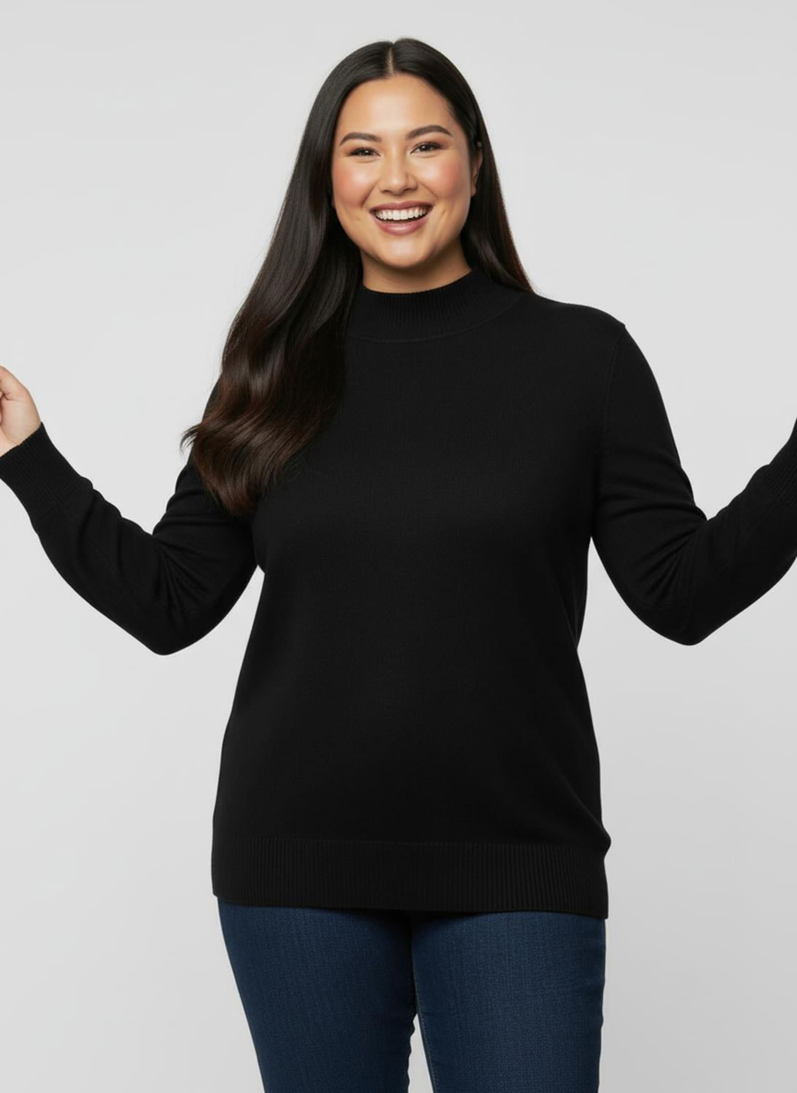 Stehkragenpullover mit Ripp-Abschlüssen - schwarz