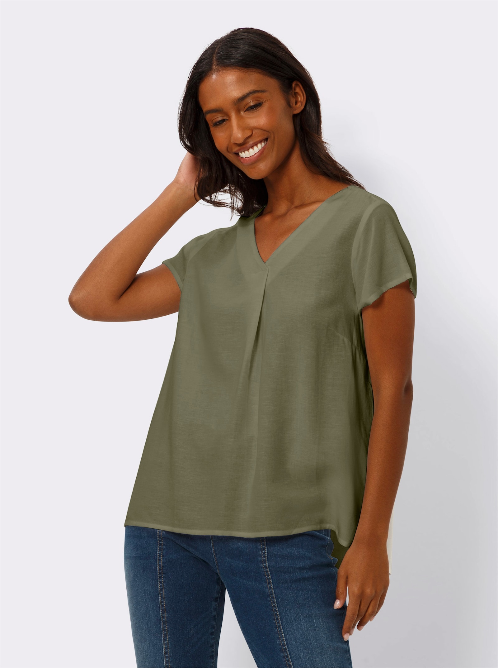 heine Kurzarm-Bluse mit Leinen-Anteil - khaki