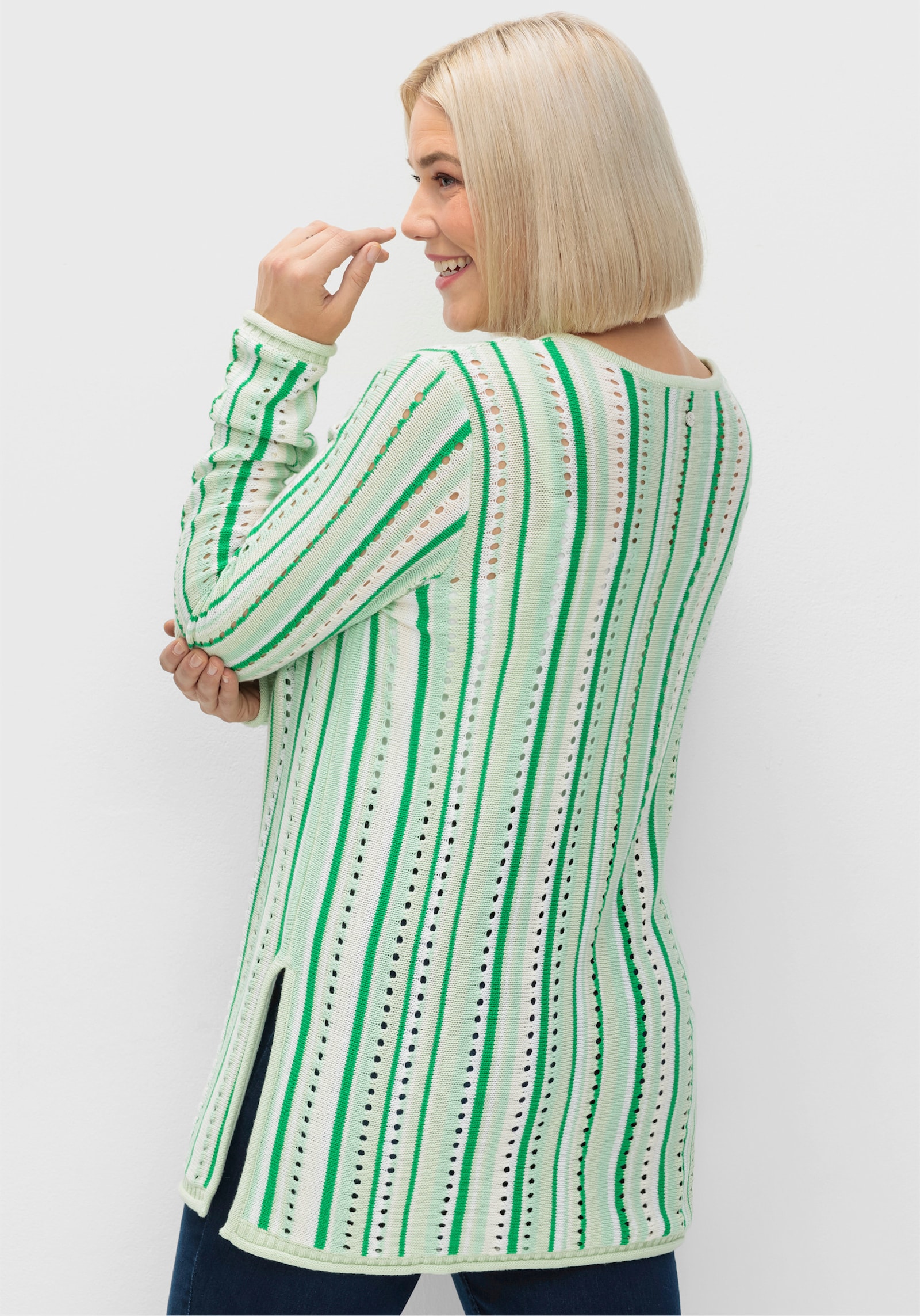 sheego Ajourpullover mit Streifen - grün-offwhite