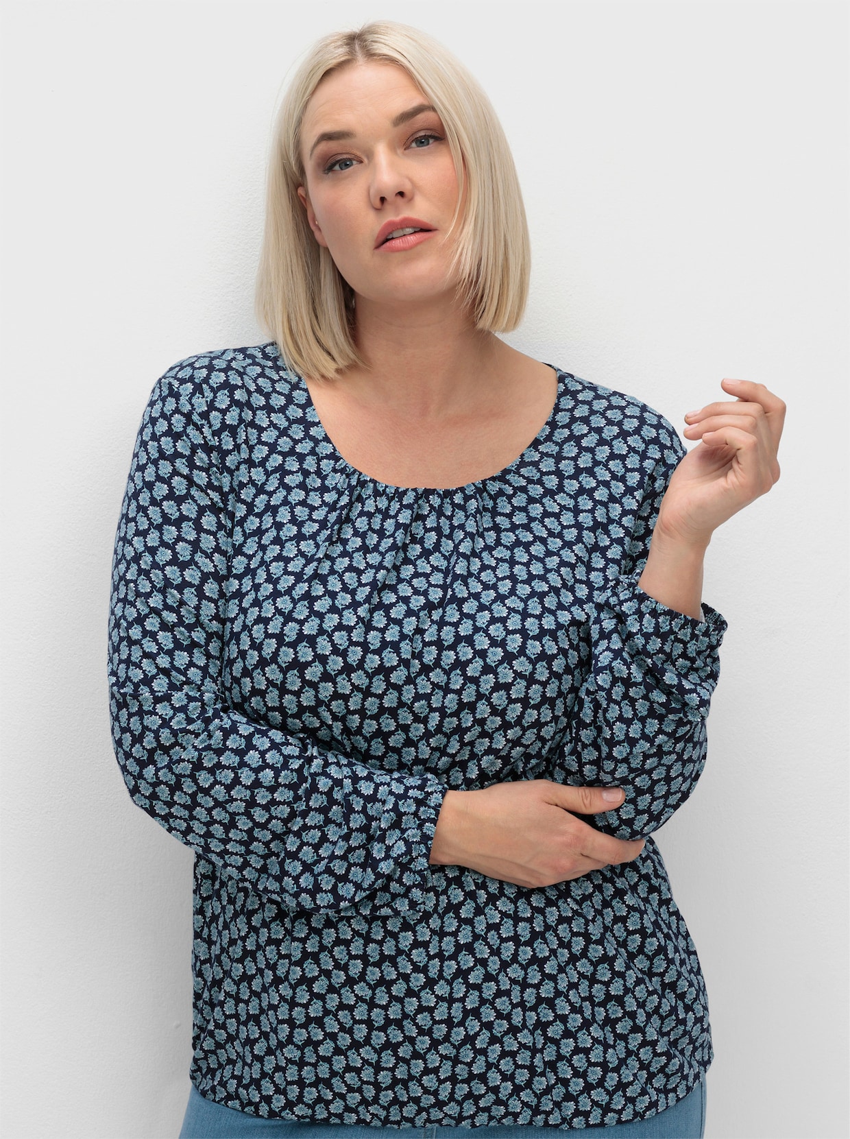 Print-Shirt mit Gummizug an Ärmeln und Saum - nachtblau-salbei-bedruckt