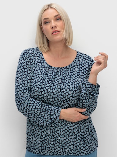 Print-Shirt mit Gummizug an Ärmeln und Saum - nachtblau-salbei-bedruckt