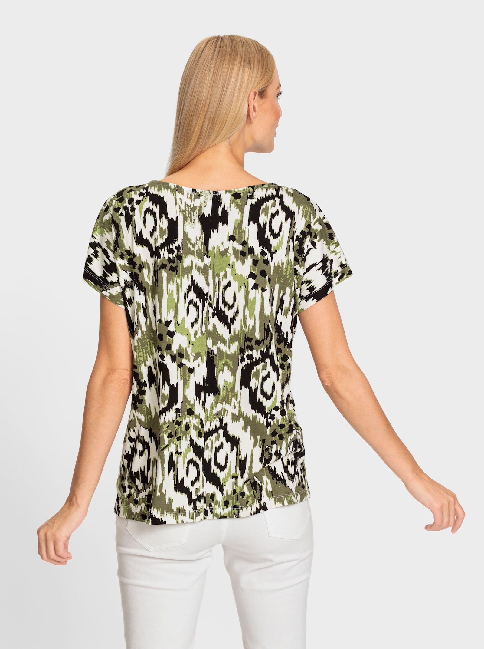 heine Rundhalsshirt mit kontrastfarbenen Ziernähten - champagner-oliv-bedruckt