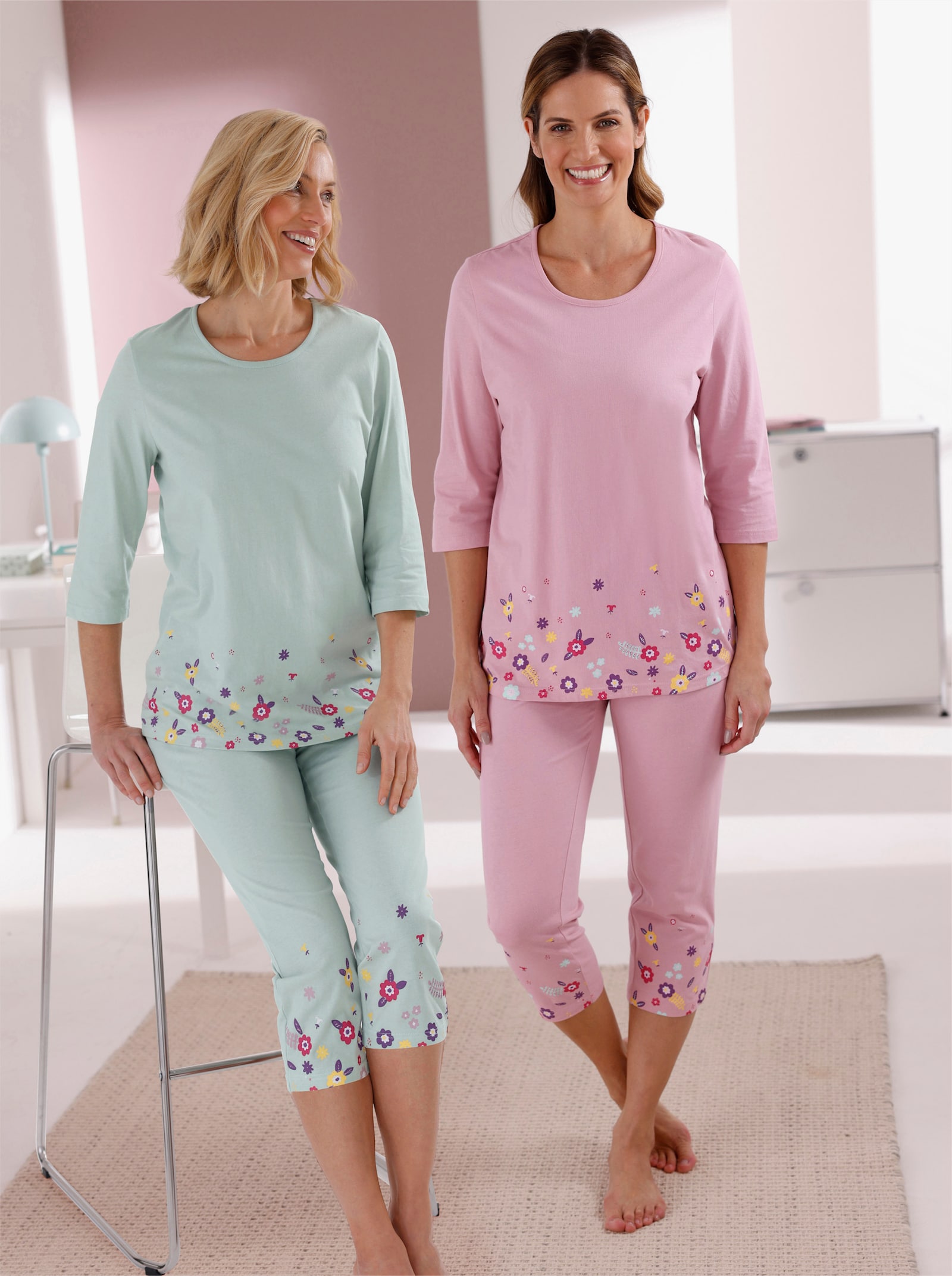 wäschepur Schlafanzüge - kalkmint-bedruckt + rosé-bedruckt