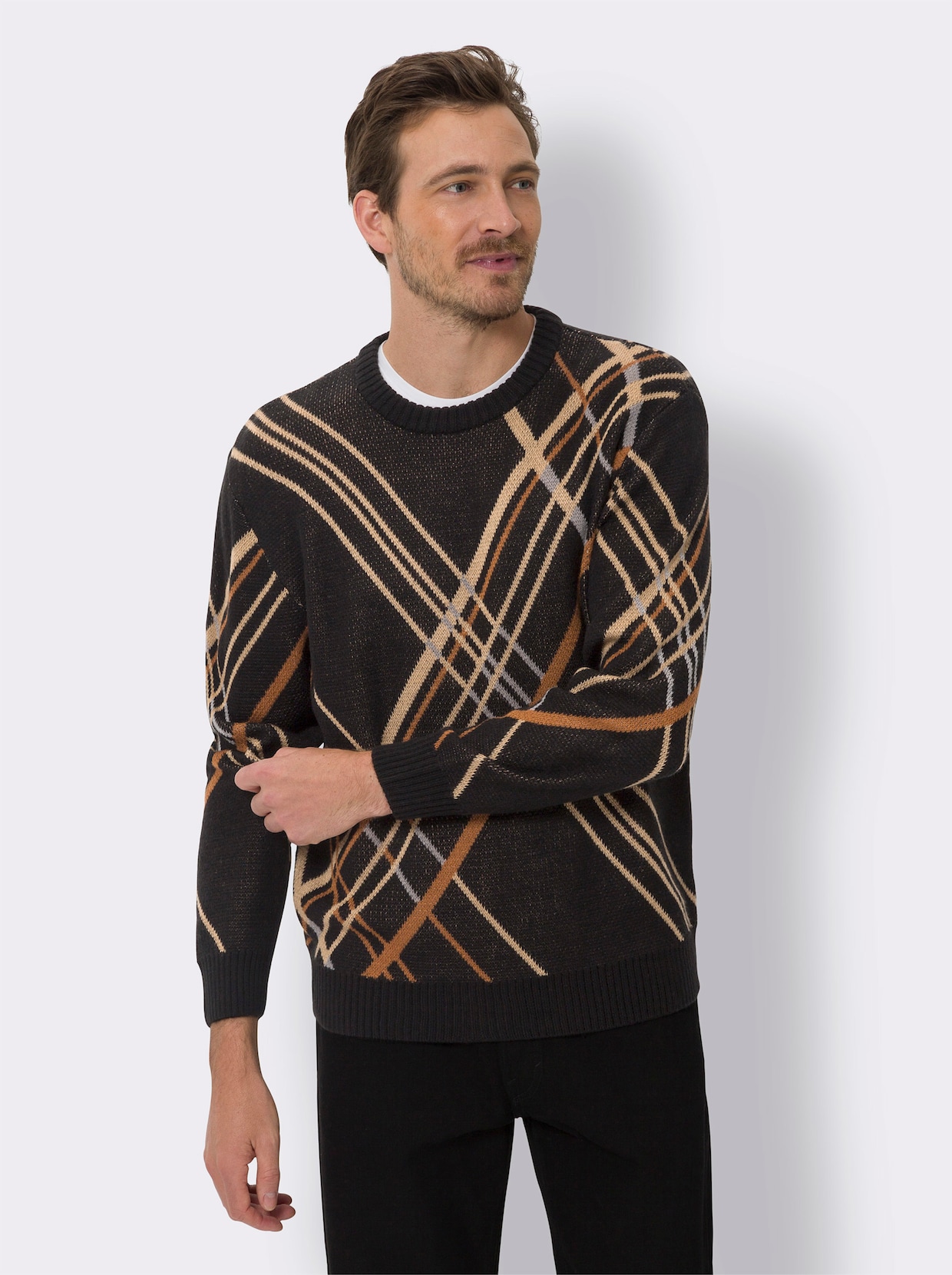 Pullover met ronde hals - zwart/camel gedessineerd