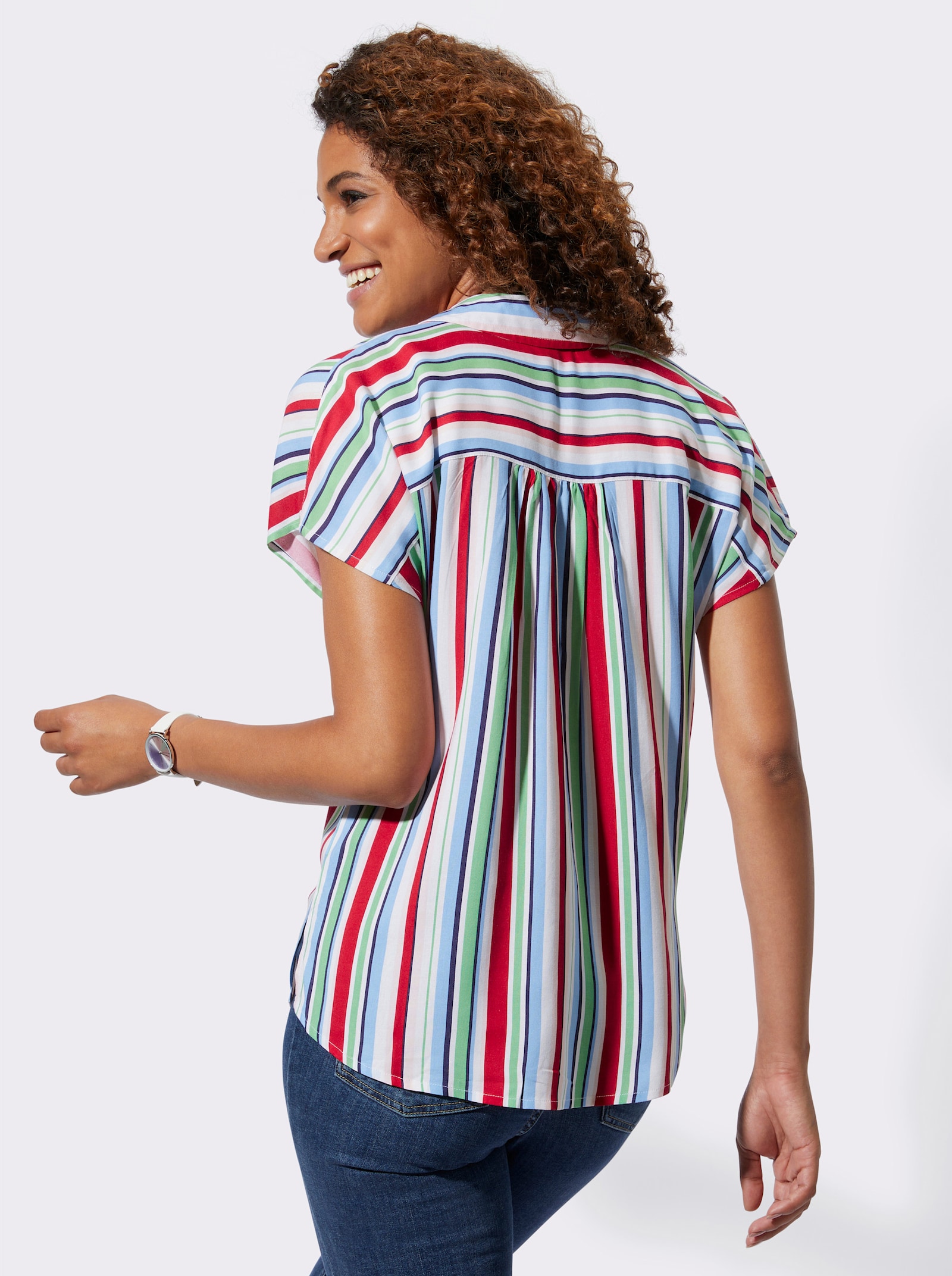 Gestreepte blouse met rimpeling achter - hemelsblauw/rood gestreept