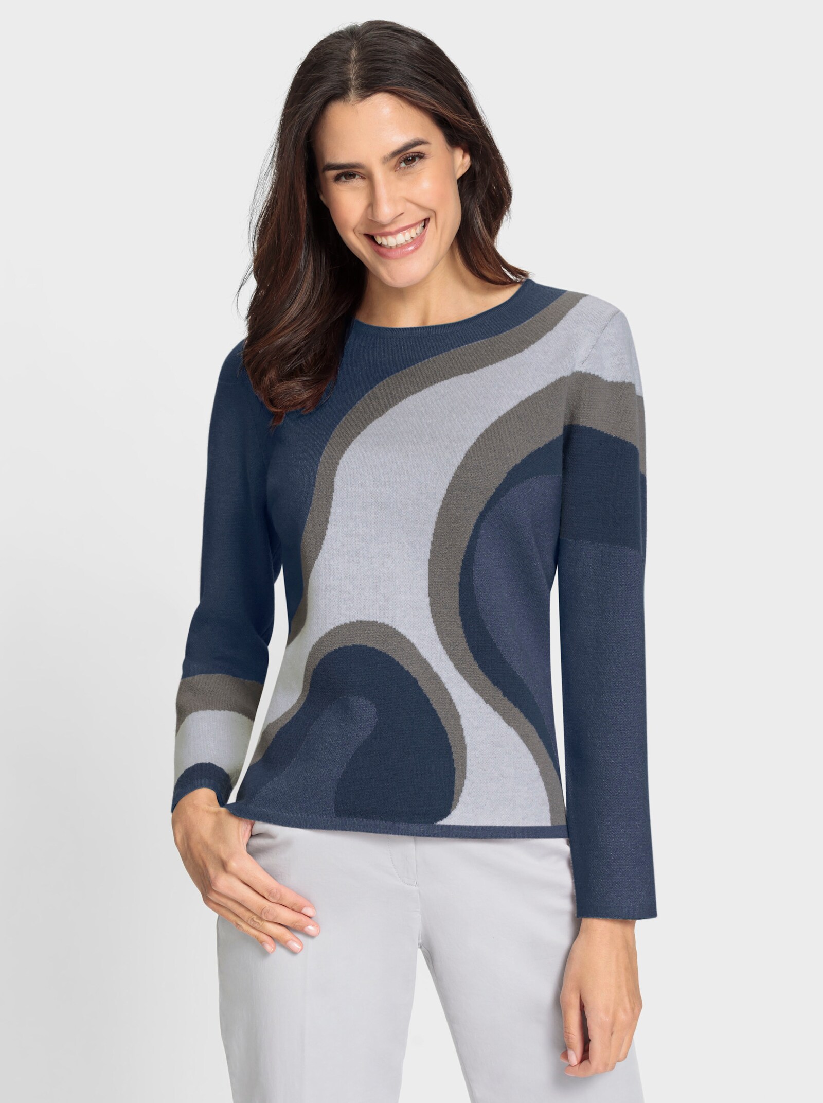 Strickpullover in Jacquard-Strick - dunkelblau-rauchblau-gemustert