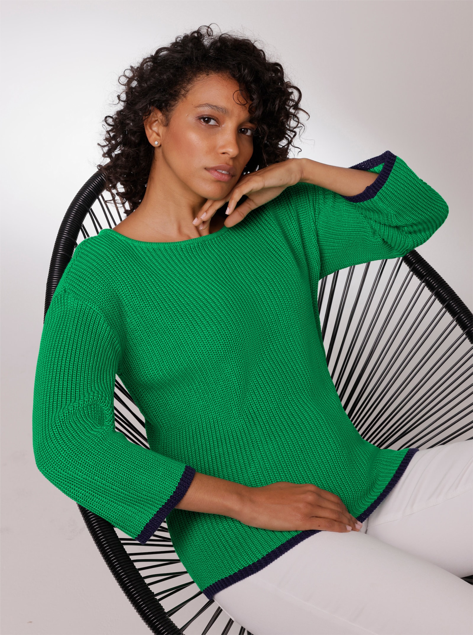 CREATION L PREMIUM 3/4 Arm-Pullover mit Kontrastkanten - grasgrün