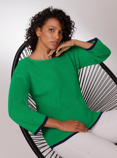 CREATION L PREMIUM 3/4 Arm-Pullover mit Kontrastkanten - grasgrün
