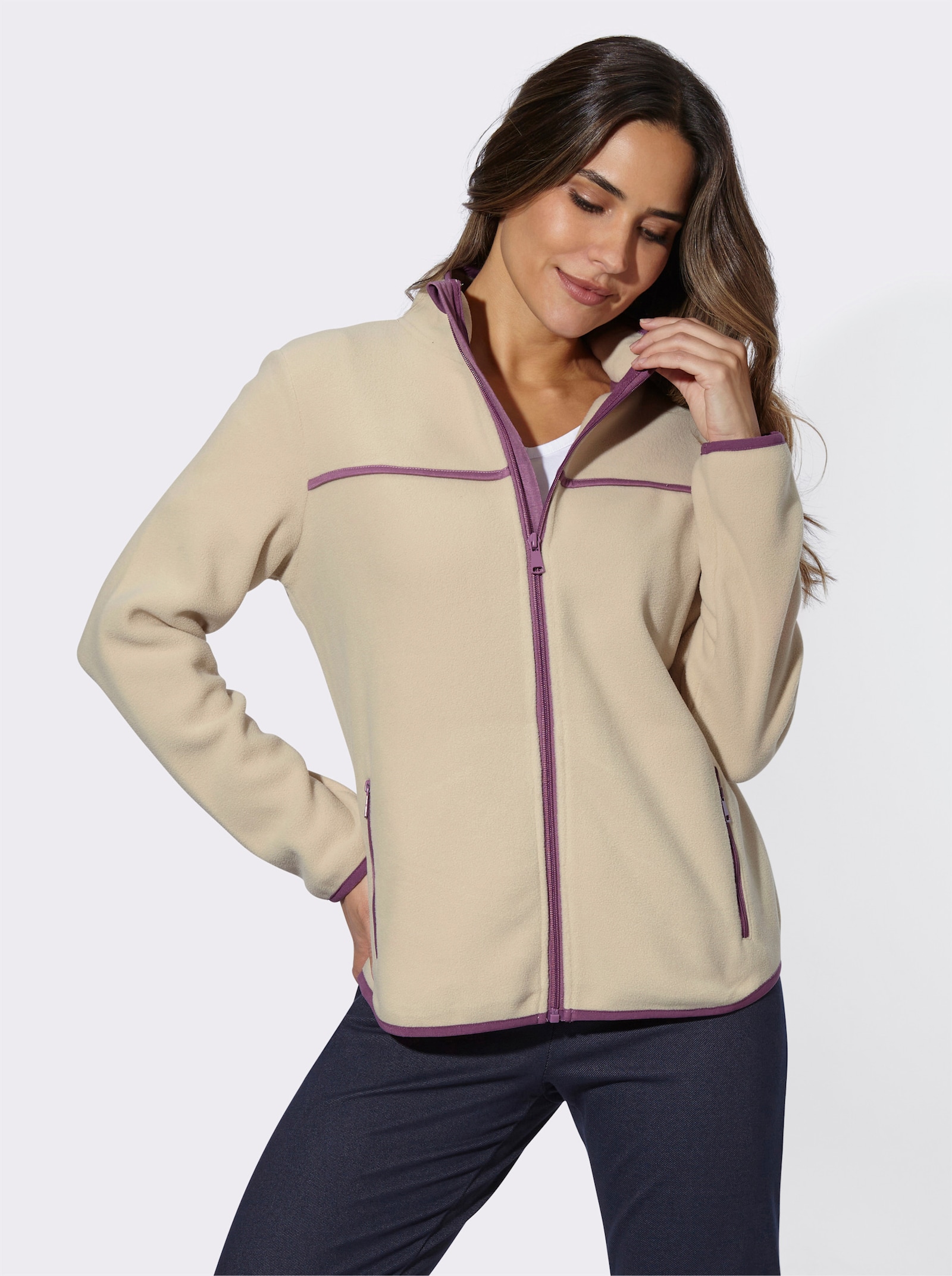 Fleecejacke mit Kontrast-Paspelierung - sand-violett