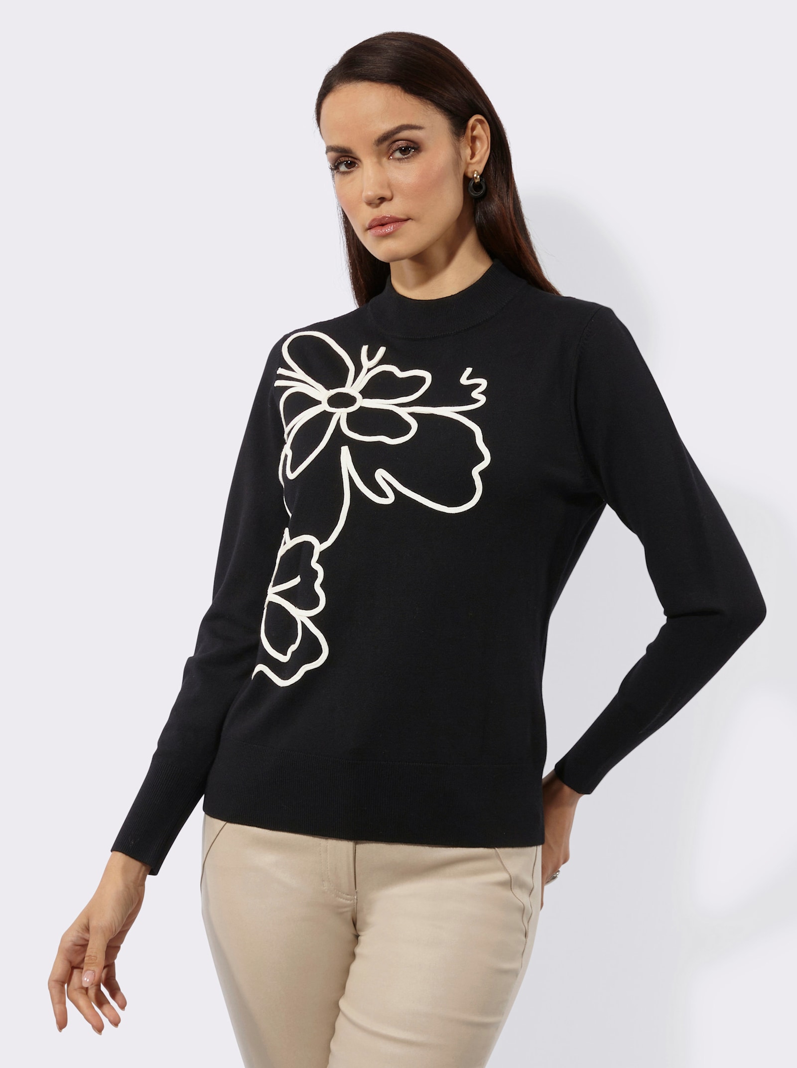 Langarm-Pullover mit platziertem Blumenmotiv - schwarz
