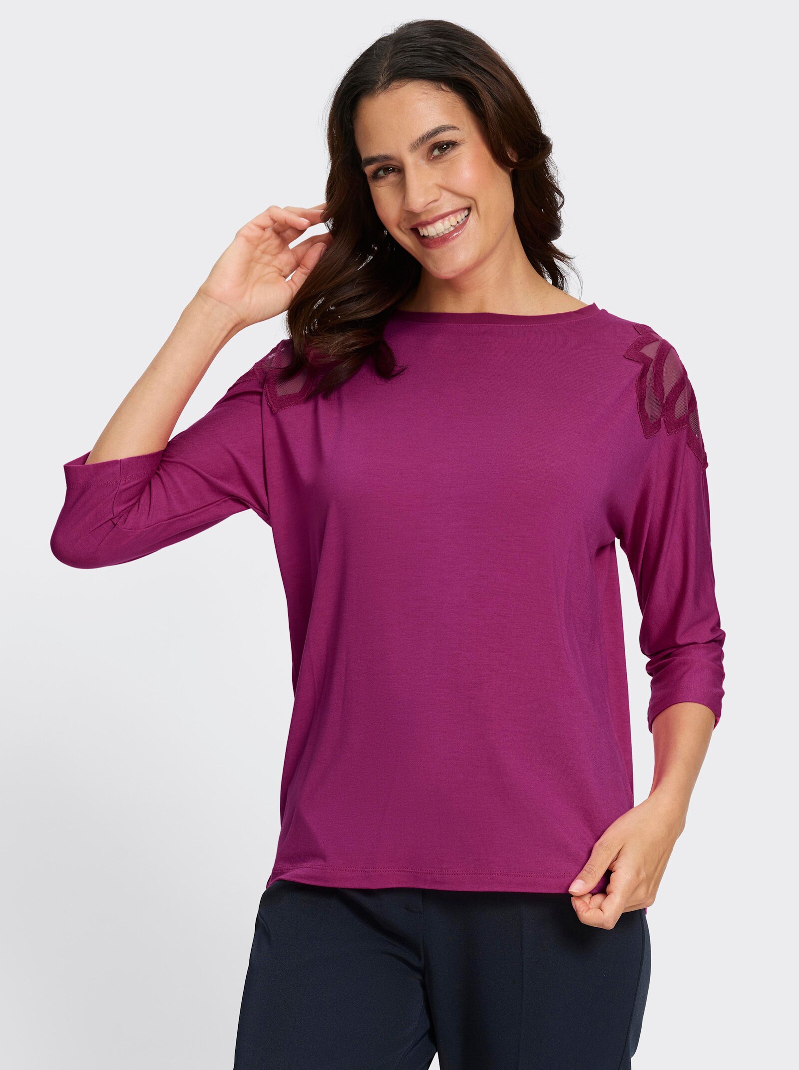 3/4-Arm-Shirt mit Spitzeneinsatz an der Schulter - magenta