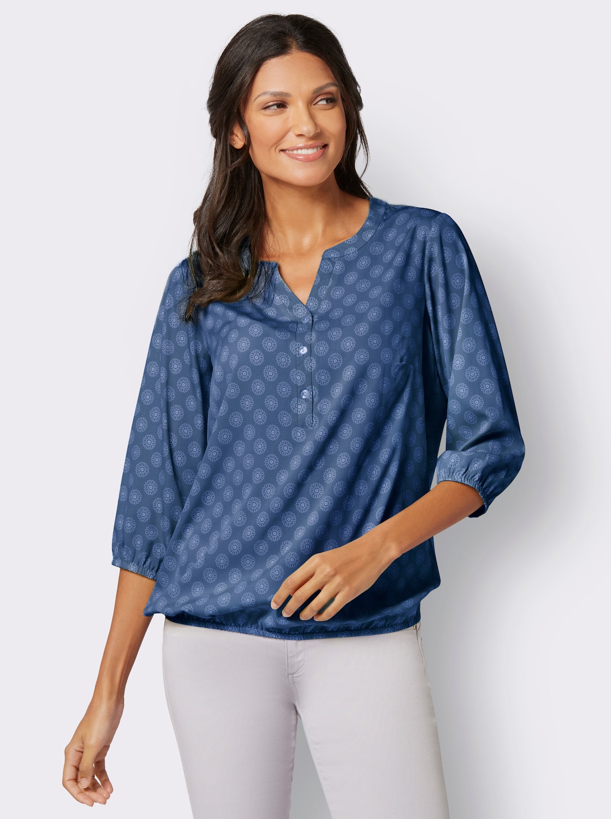 Comfortabele blouse - jeansblauw/ecru bedrukt