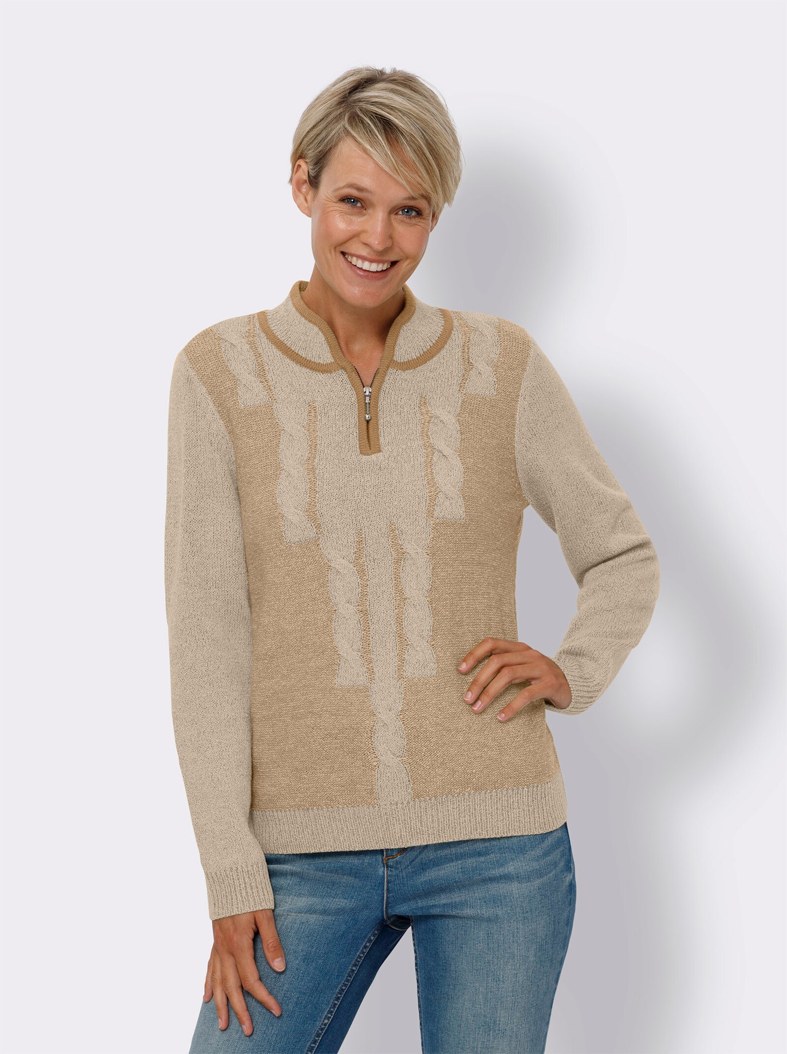 Stehkragenpullover mit Kontrast-Akzenten - elfenbein-meliert