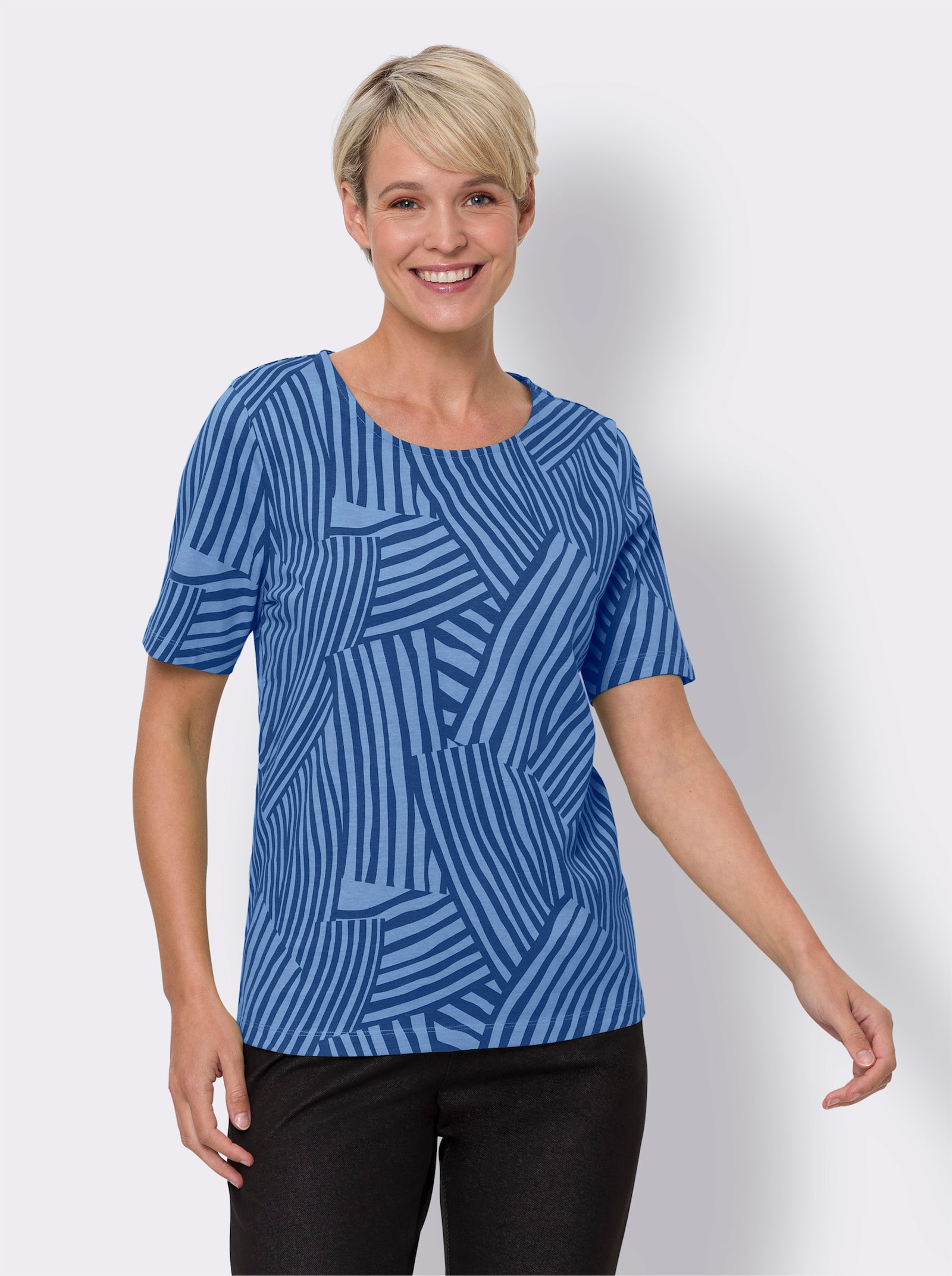 Kurzarmshirt mit Wellenmuster - royalblau-himmelblau-bedruckt