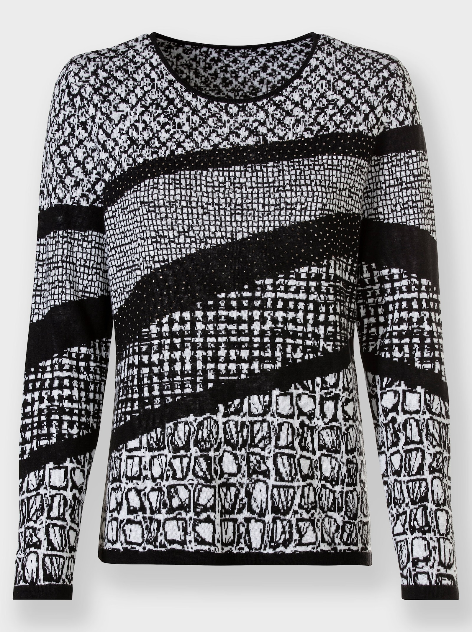 Pull à manches longues au mélange de motifs jacquard contrastés - noir-blanc à motifs
