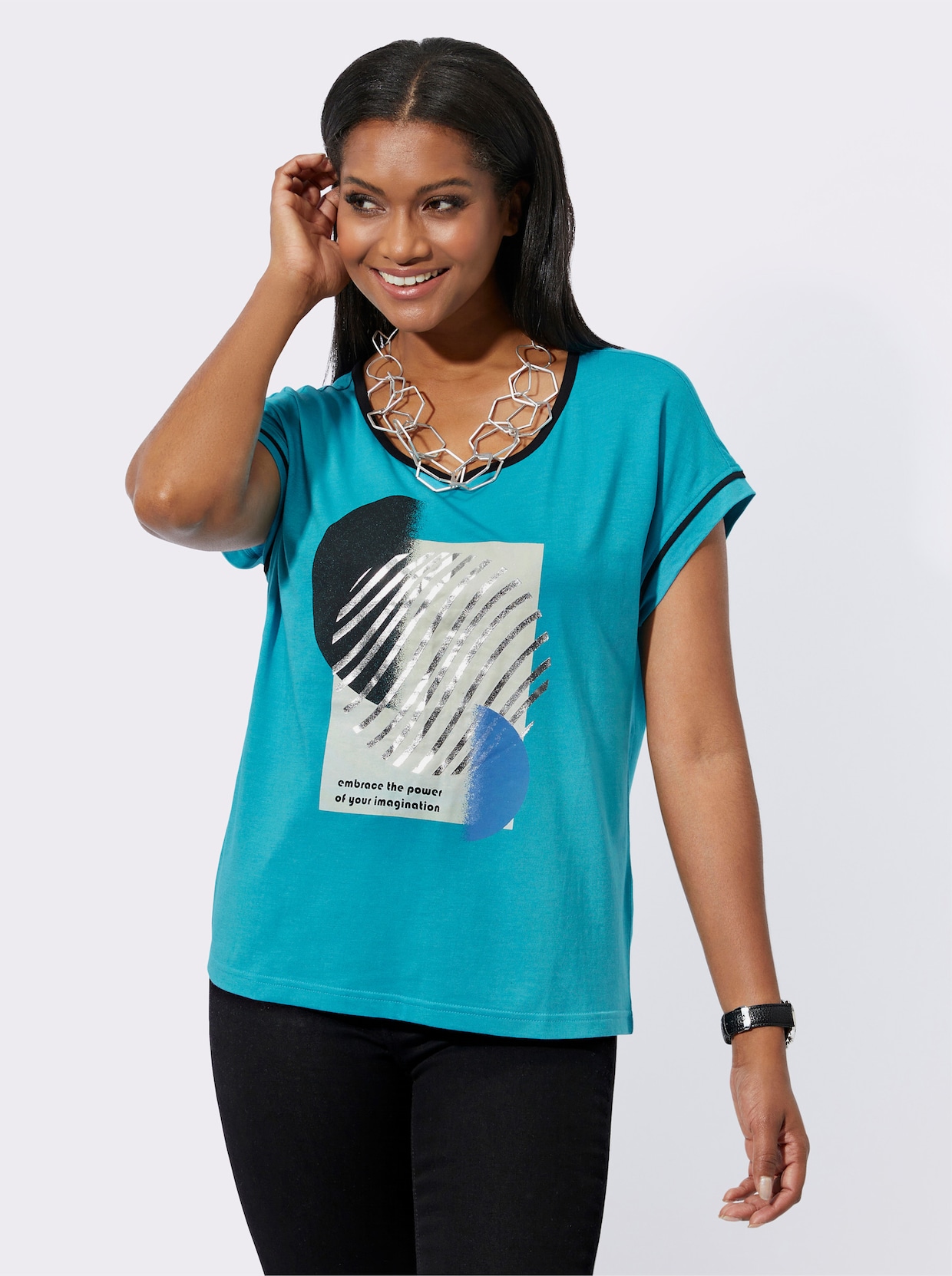 Shirt met ronde hals - turquoise geprint