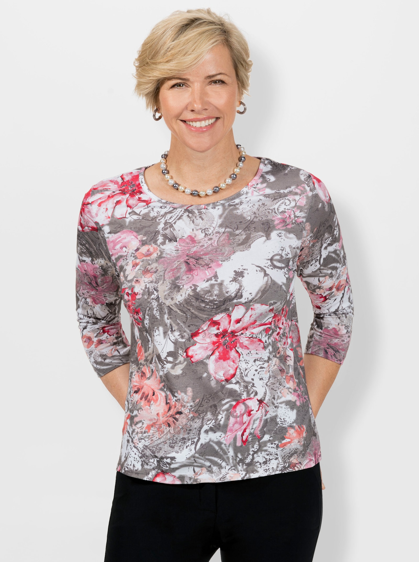 3/4-Arm-Shirt mit Rundhals-Ausschnitt - khaki-altrosa-bedruckt