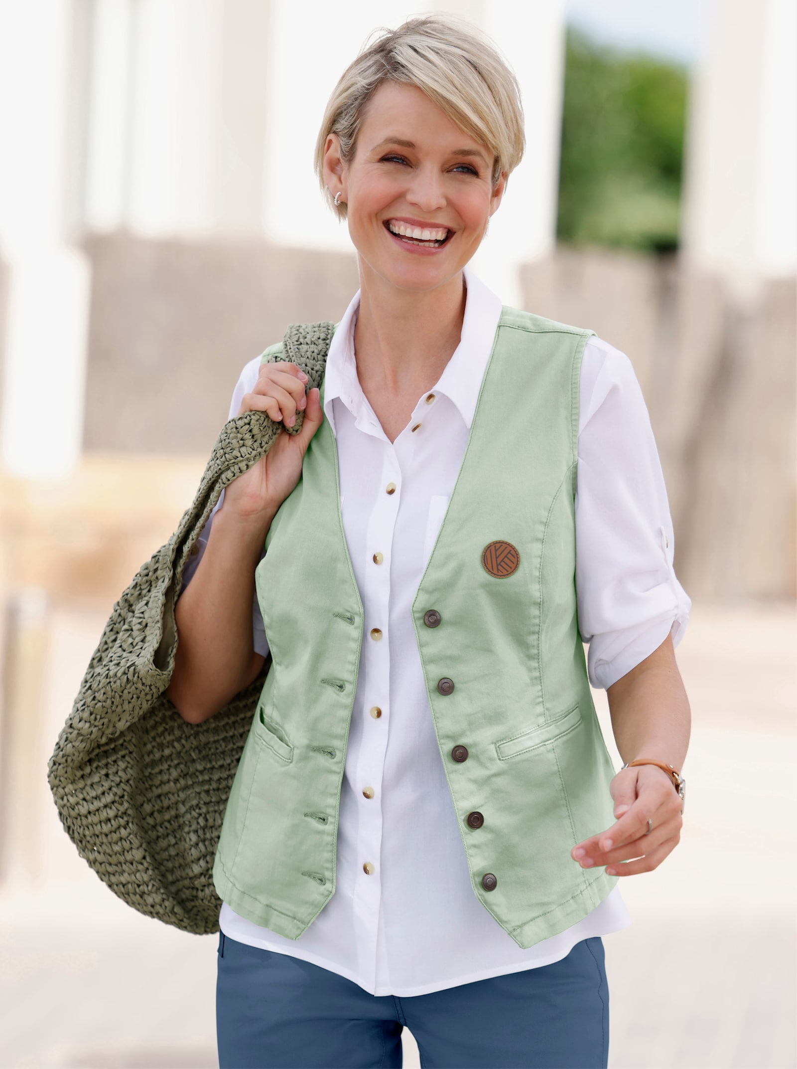 Džínová vesta zkráceného střihu - eukalypt