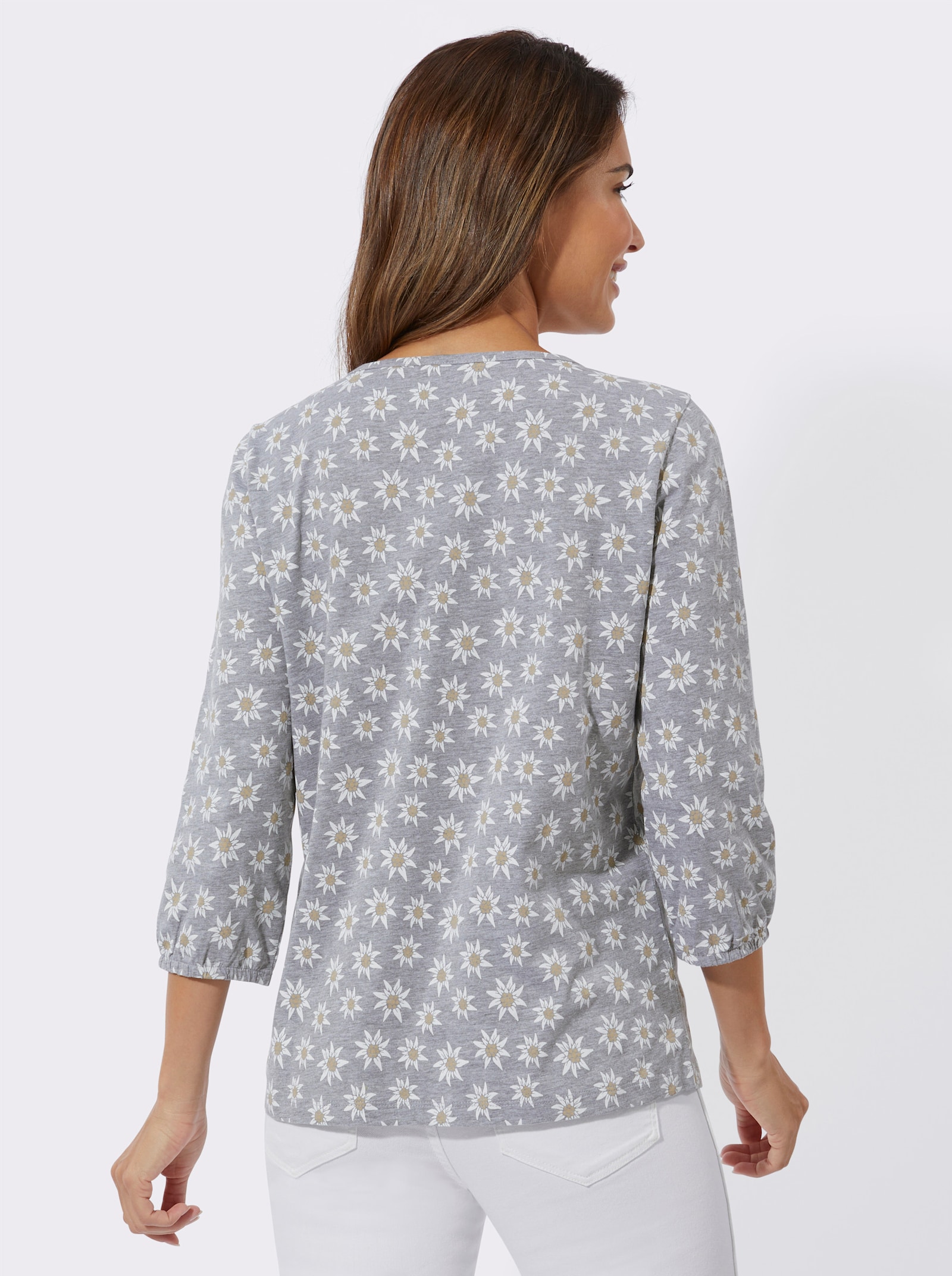 3/4-Arm-Shirt mit floralem Muster - grau-meliert-weiß-bedruckt