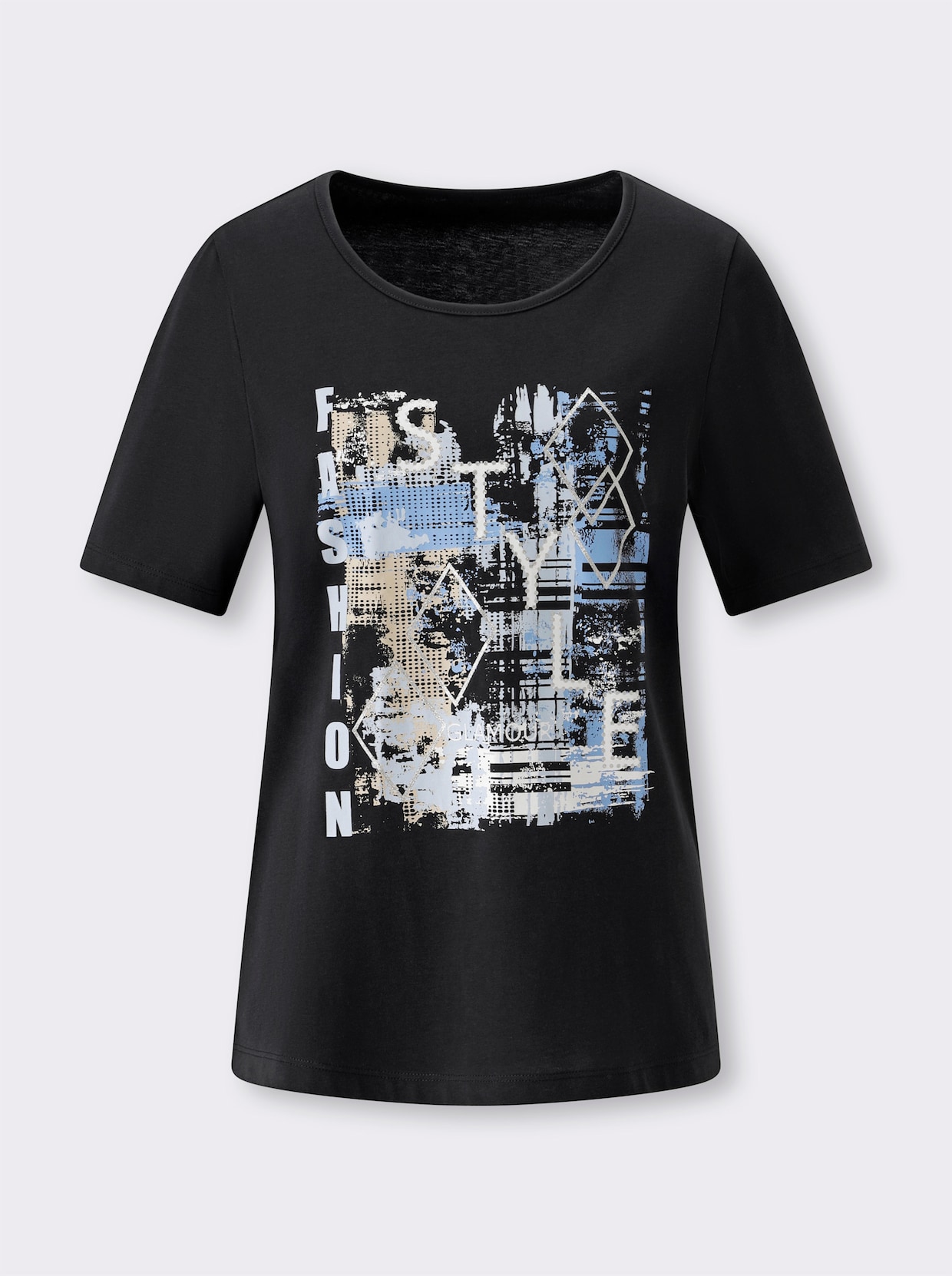 Kurzarmshirt mit Buchstaben-Druck - schwarz-hellblau