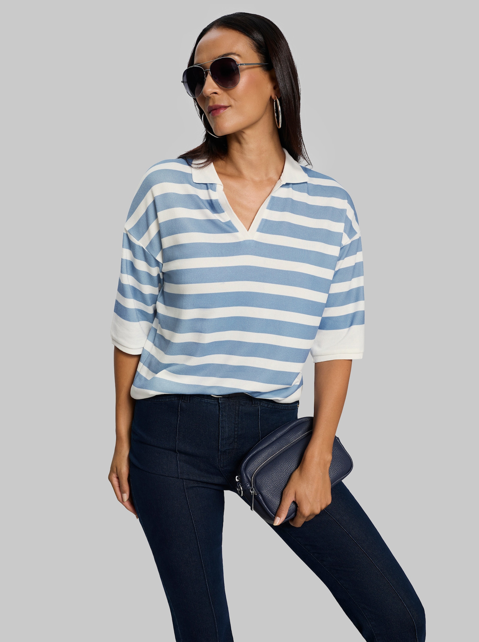 heine Ringelshirt mit Polokragen - ecru-himmelblau-geringelt