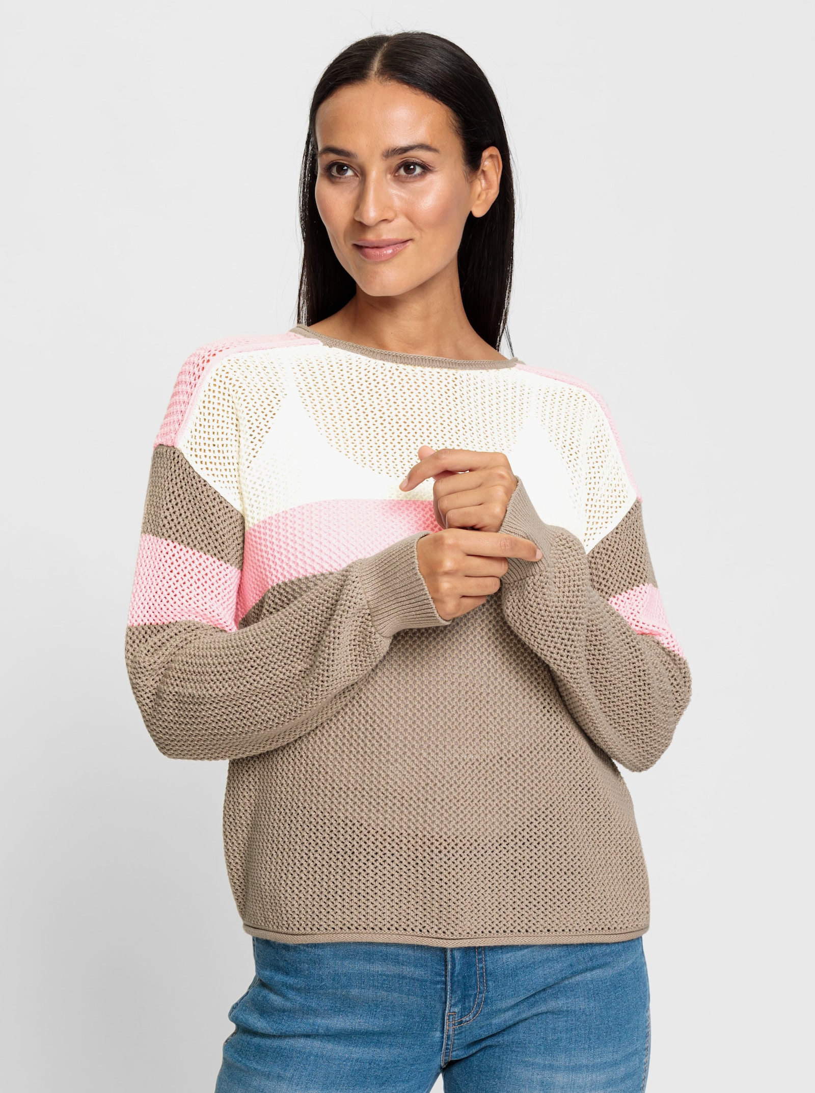 heine Baumwollpullover mit Blockstreifen - ecru-sesam-gemustert