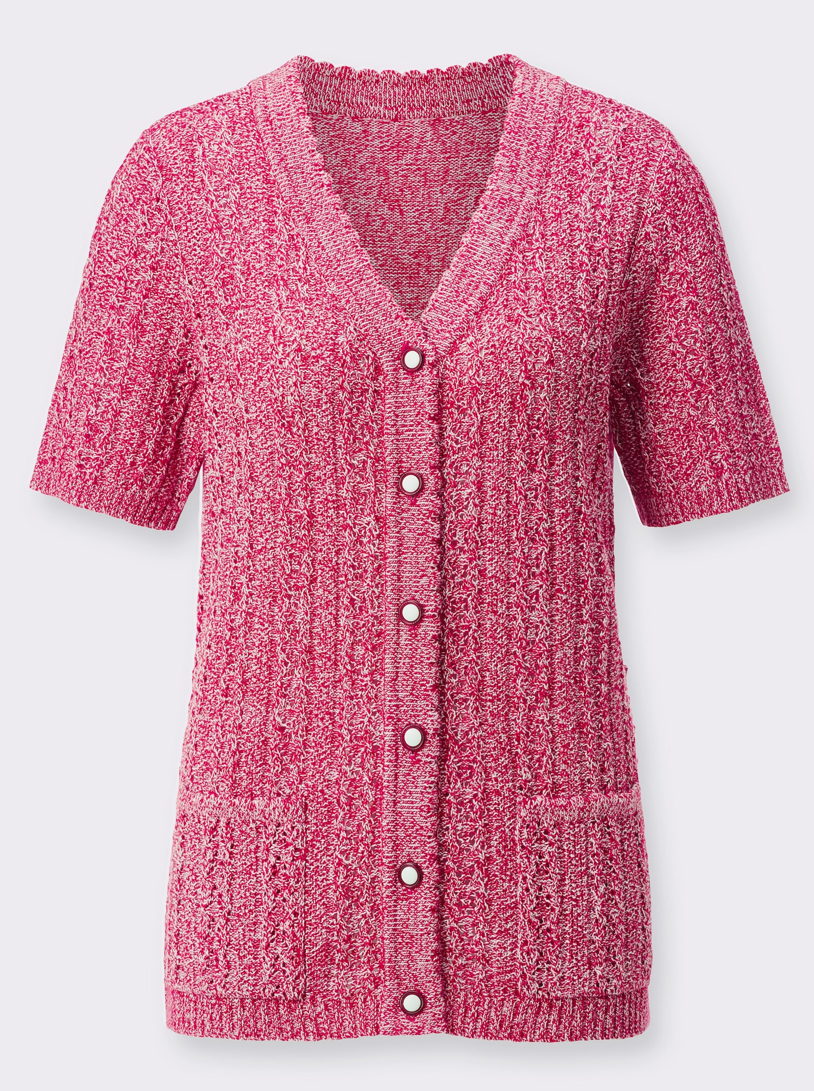 Ajourstrickjacke mit Taschen, aufgesetzt - rot-ecru-meliert