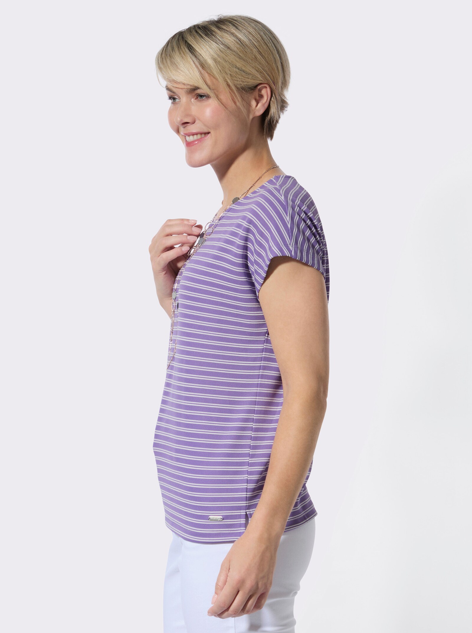 Rundhalsshirt mit zweifarbigem Jacquardmuster - flieder-ecru-geringelt