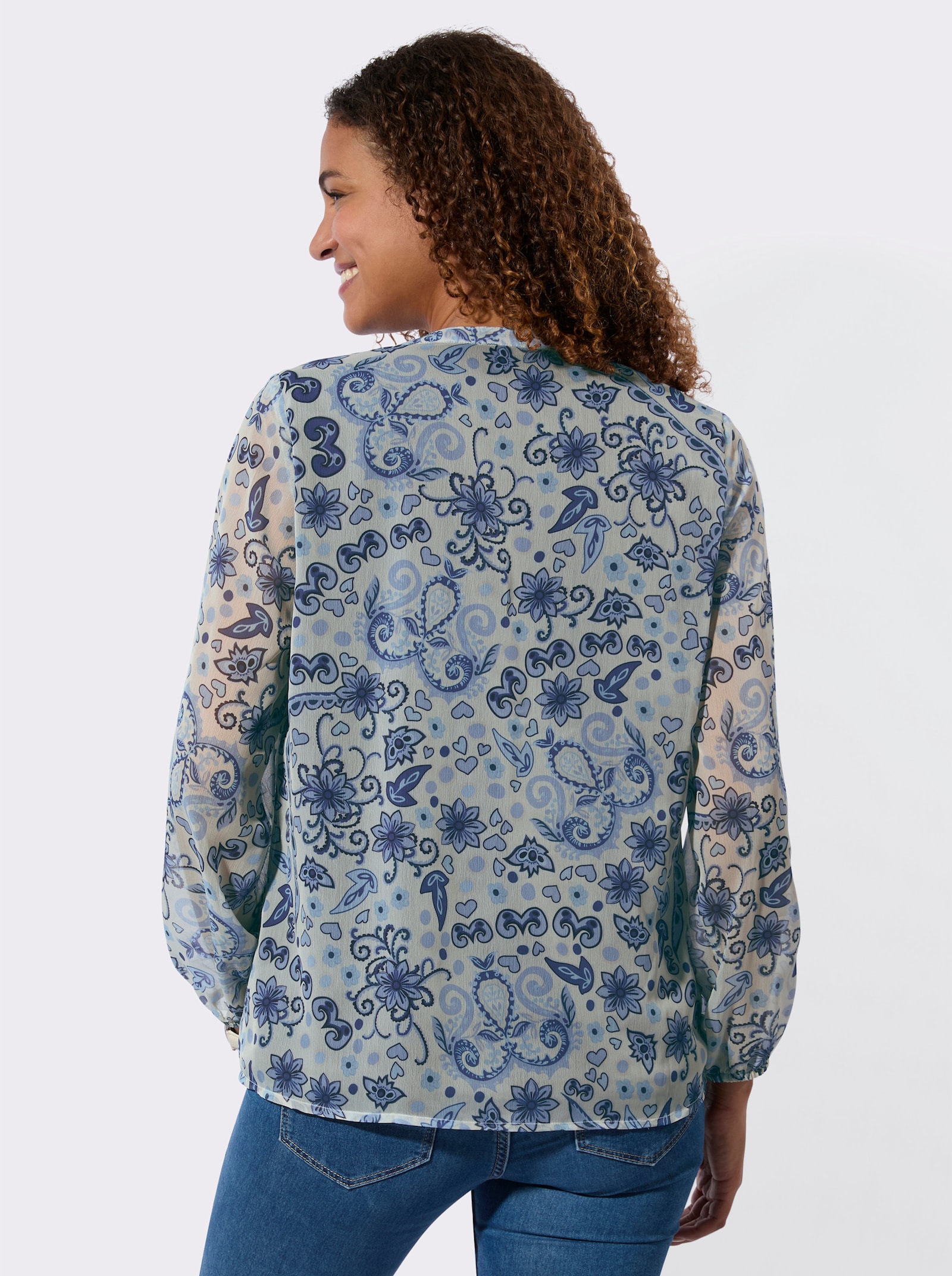 Schlupfbluse mit transparenten Ärmeln - champagner-royalblau-bedruckt