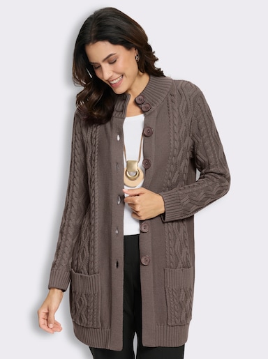 Longstrickjacke mit Zopfmuster rundum - dunkeltaupe