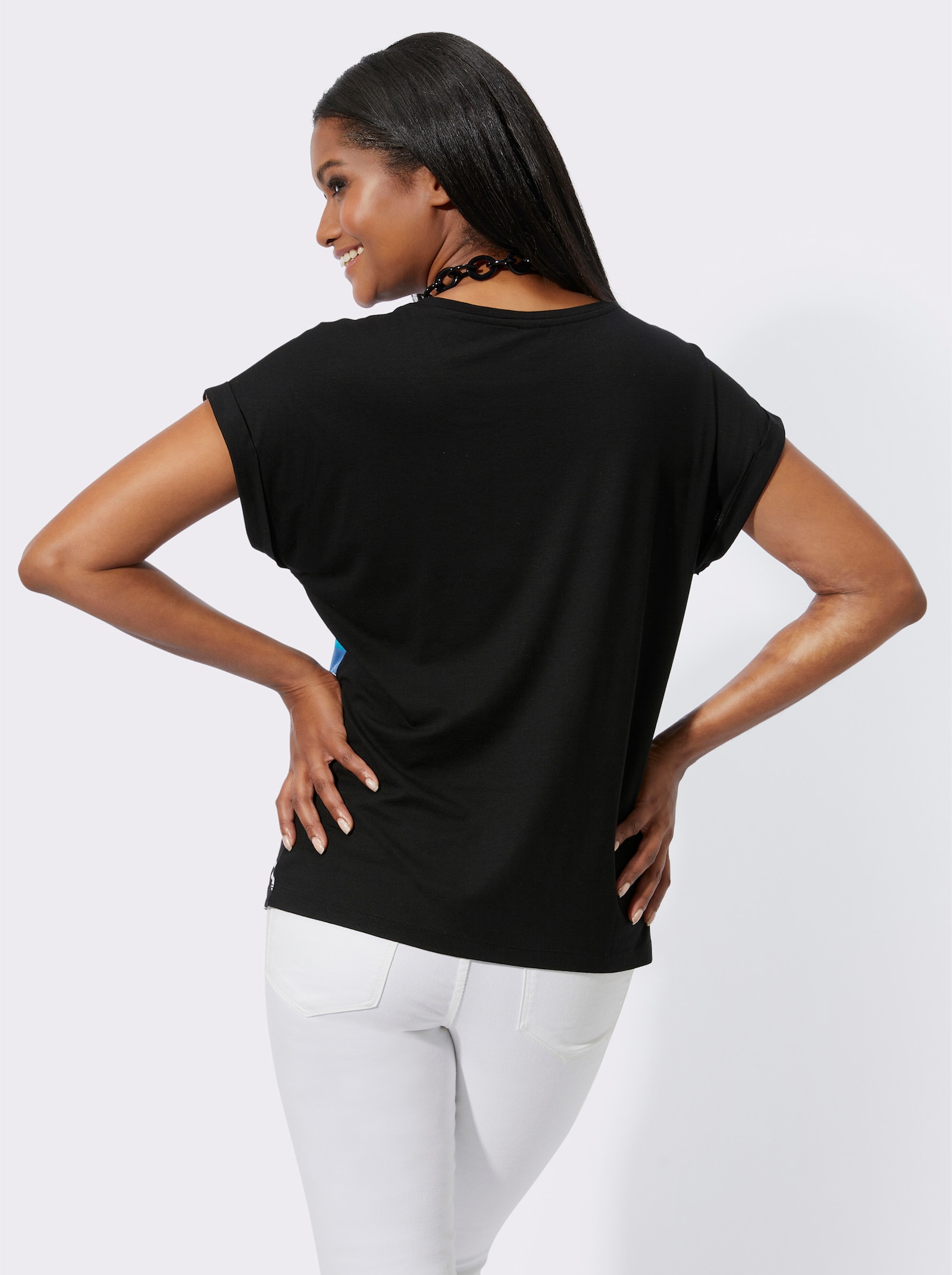 Rundhalsshirt mit Glanzdruck - türkis-schwarz-bedruckt