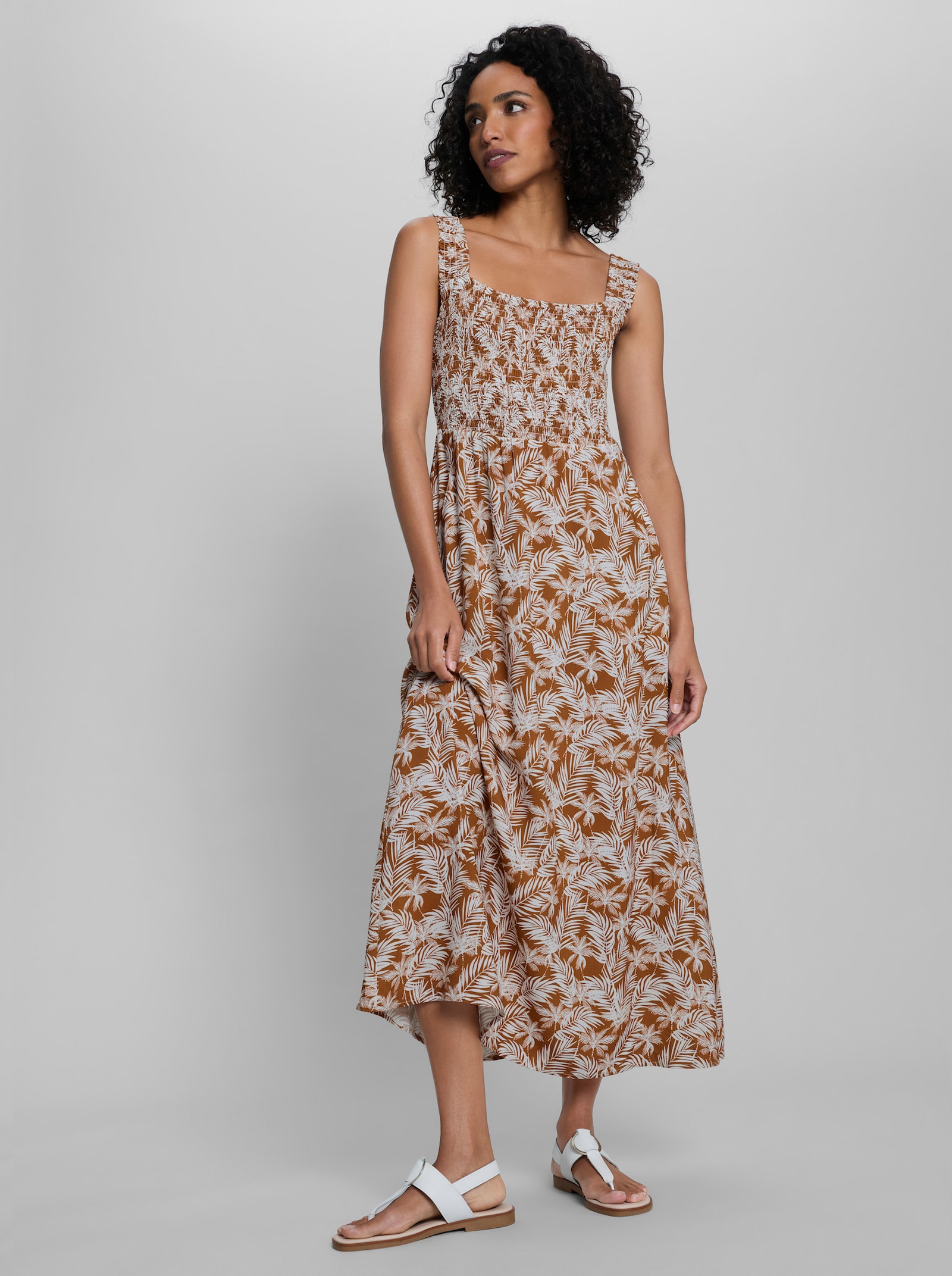 heine Druckkleid mit Smok-Oberteil - cognac-ecru-bedruckt