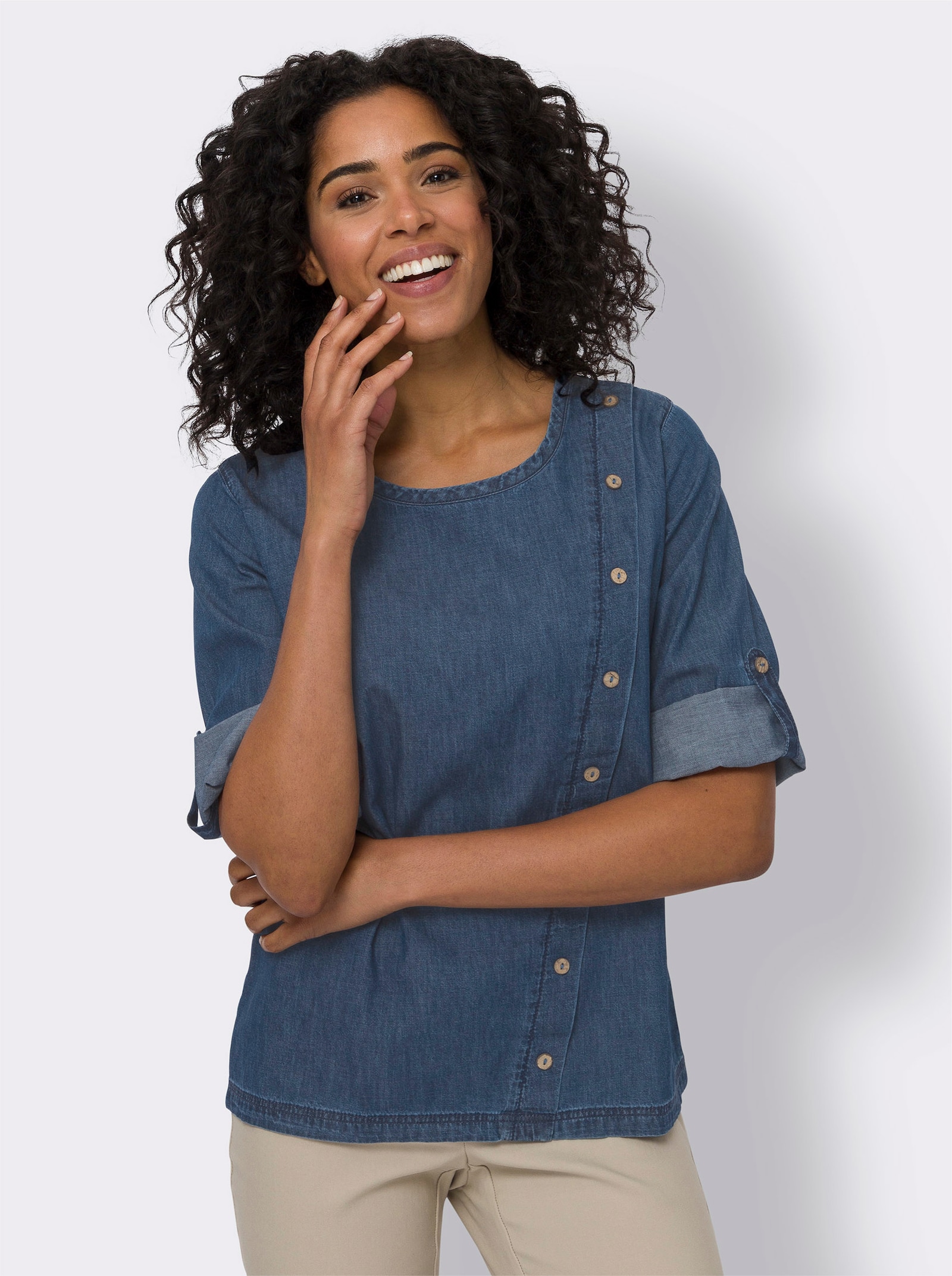 Jeansblouse met sierknoopsluiting - blue-stonewashed